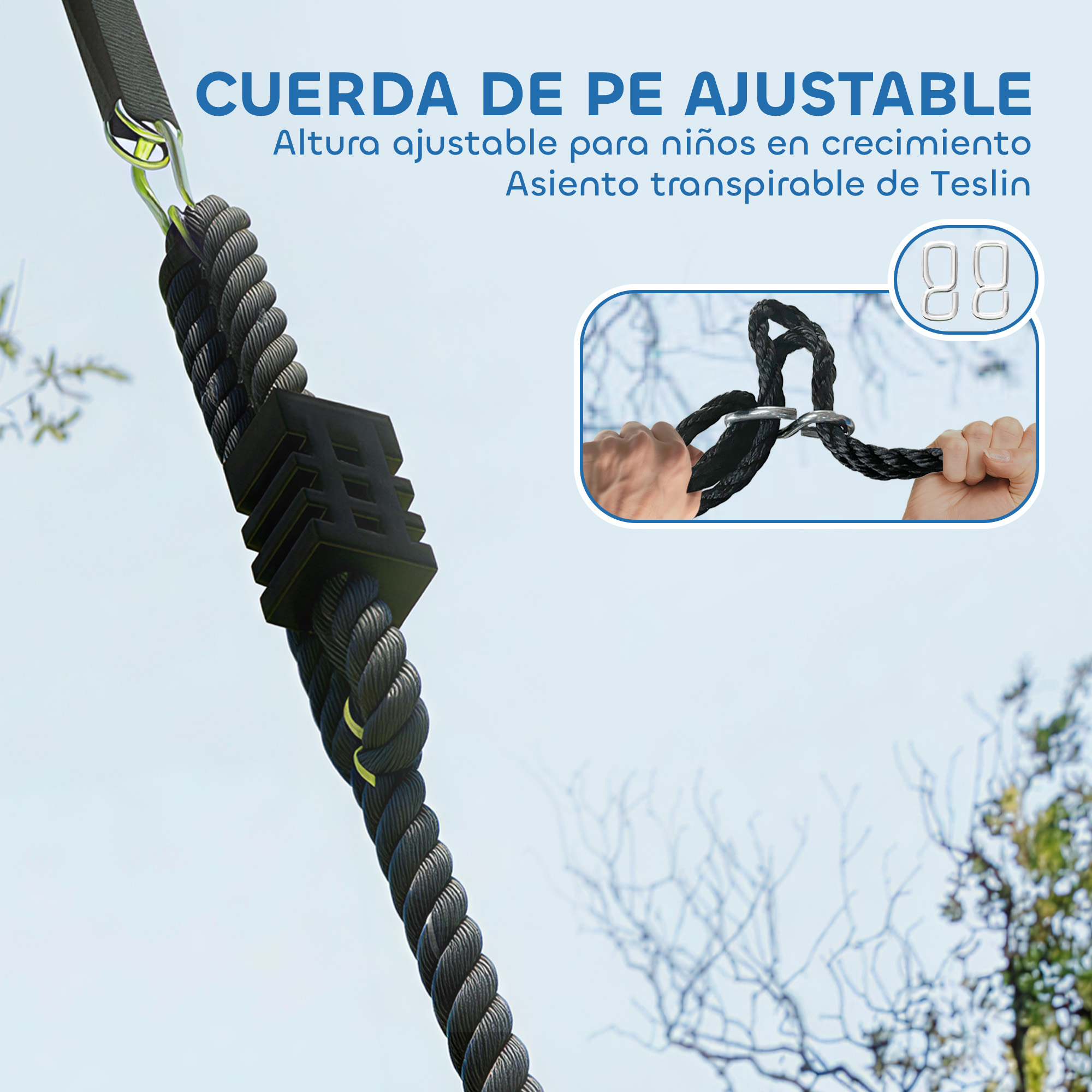 Primer plano de una cuerda de columpio negra con ajuste de altura y mosquetones de metal.