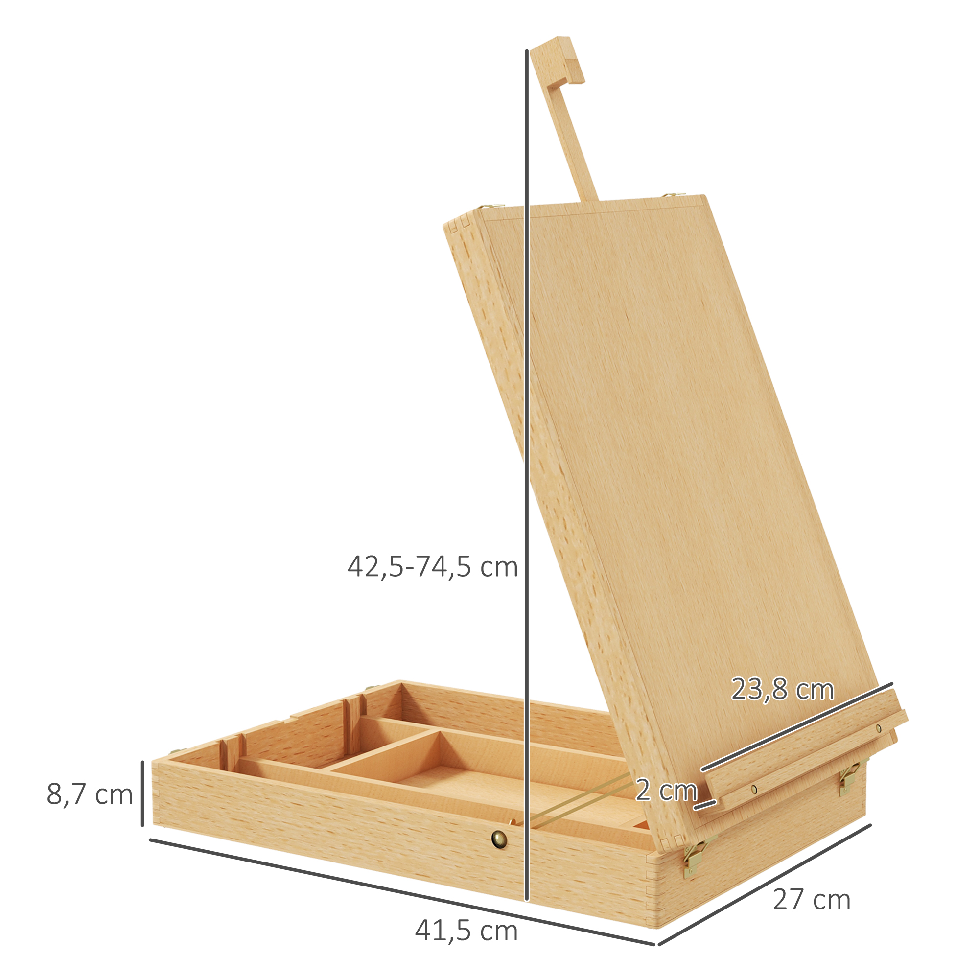 Una caja de bocetos de madera con dimensiones: 41,5x27x8,7 cm.