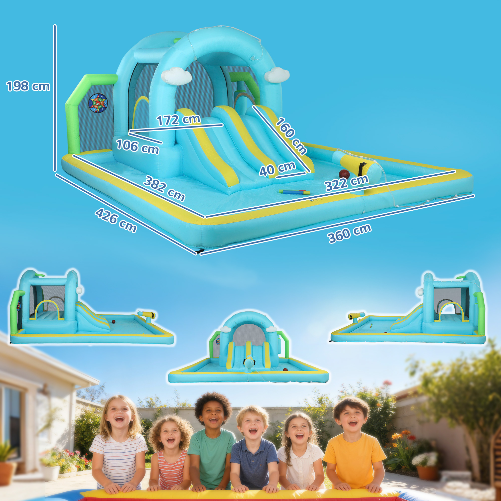 Tobogán acuático inflable azul y amarillo con medidas y niños.