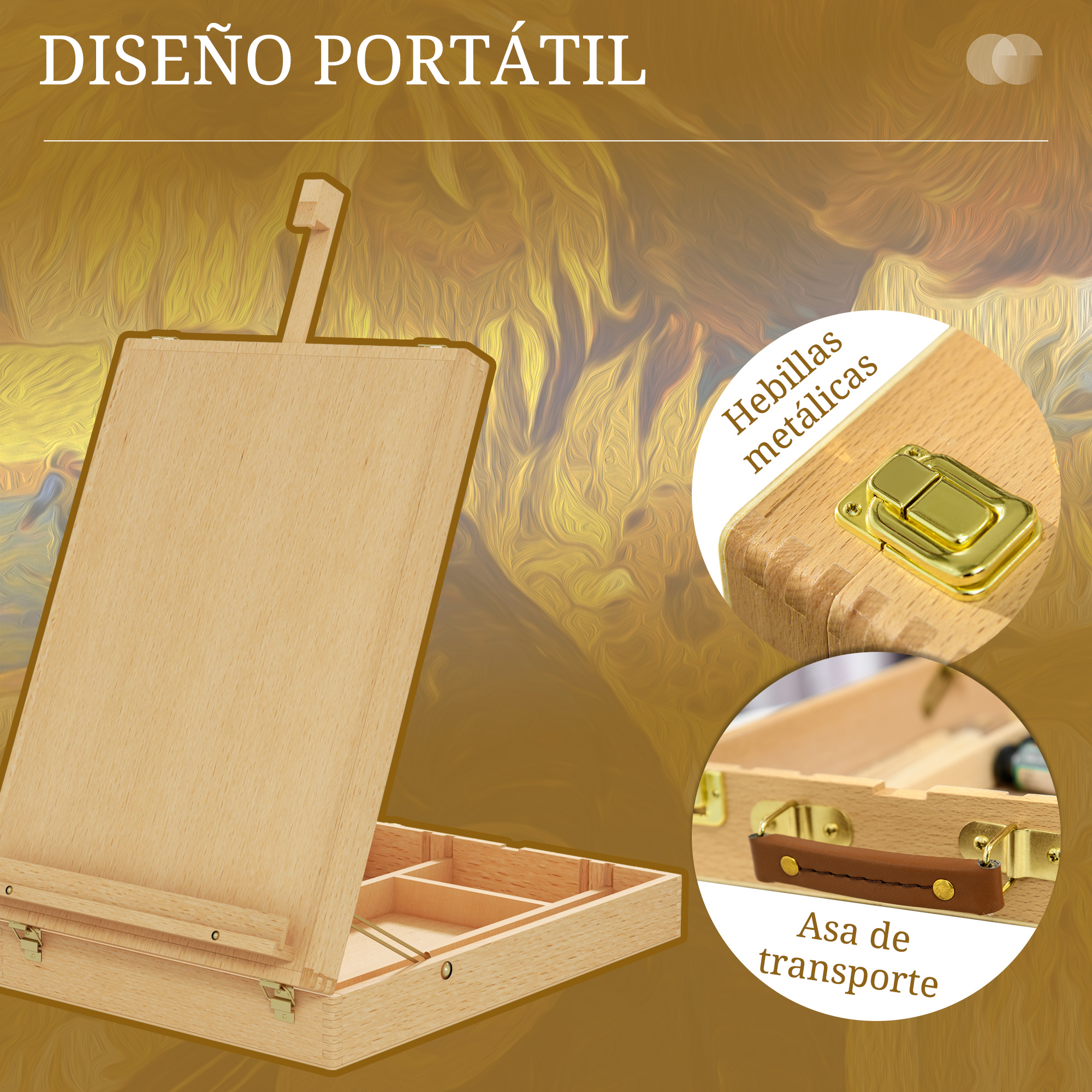 Estuche de madera con cierres metálicos dorados y asa de cuero.