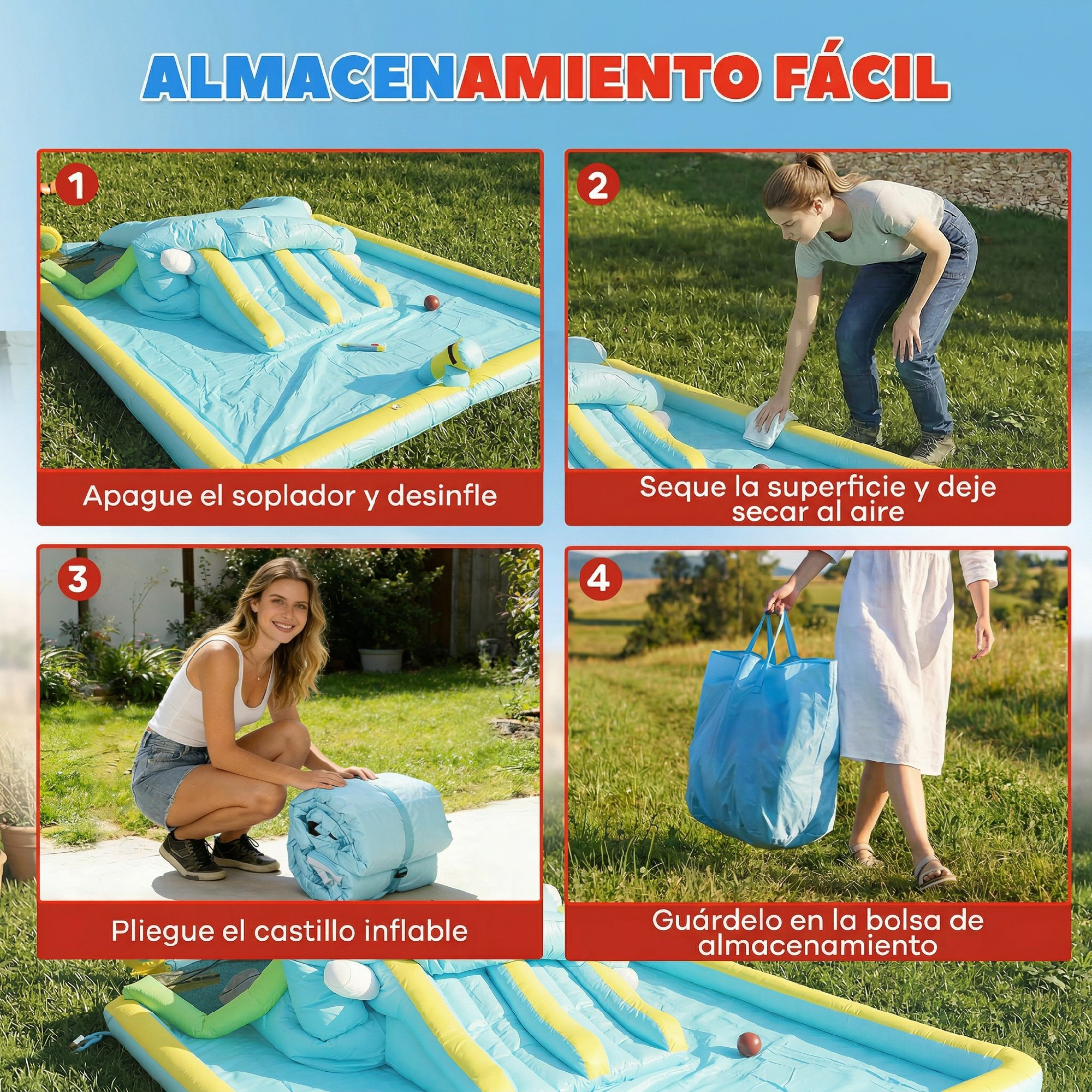 Guía paso a paso para guardar un tobogán inflable.