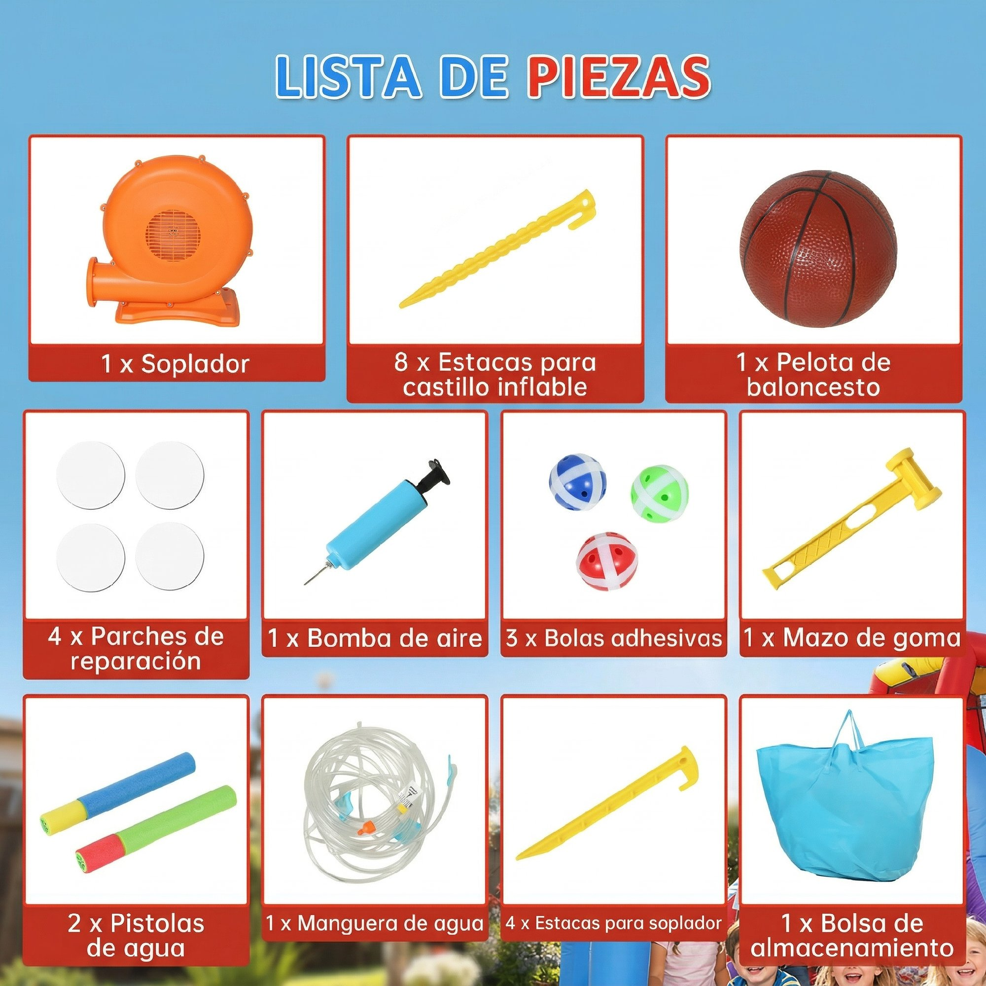 Lista de piezas: soplador naranja, estacas amarillas, baloncesto, parches, bomba de aire, bolas, mazo, pistolas de agua, manguera, bolsa.