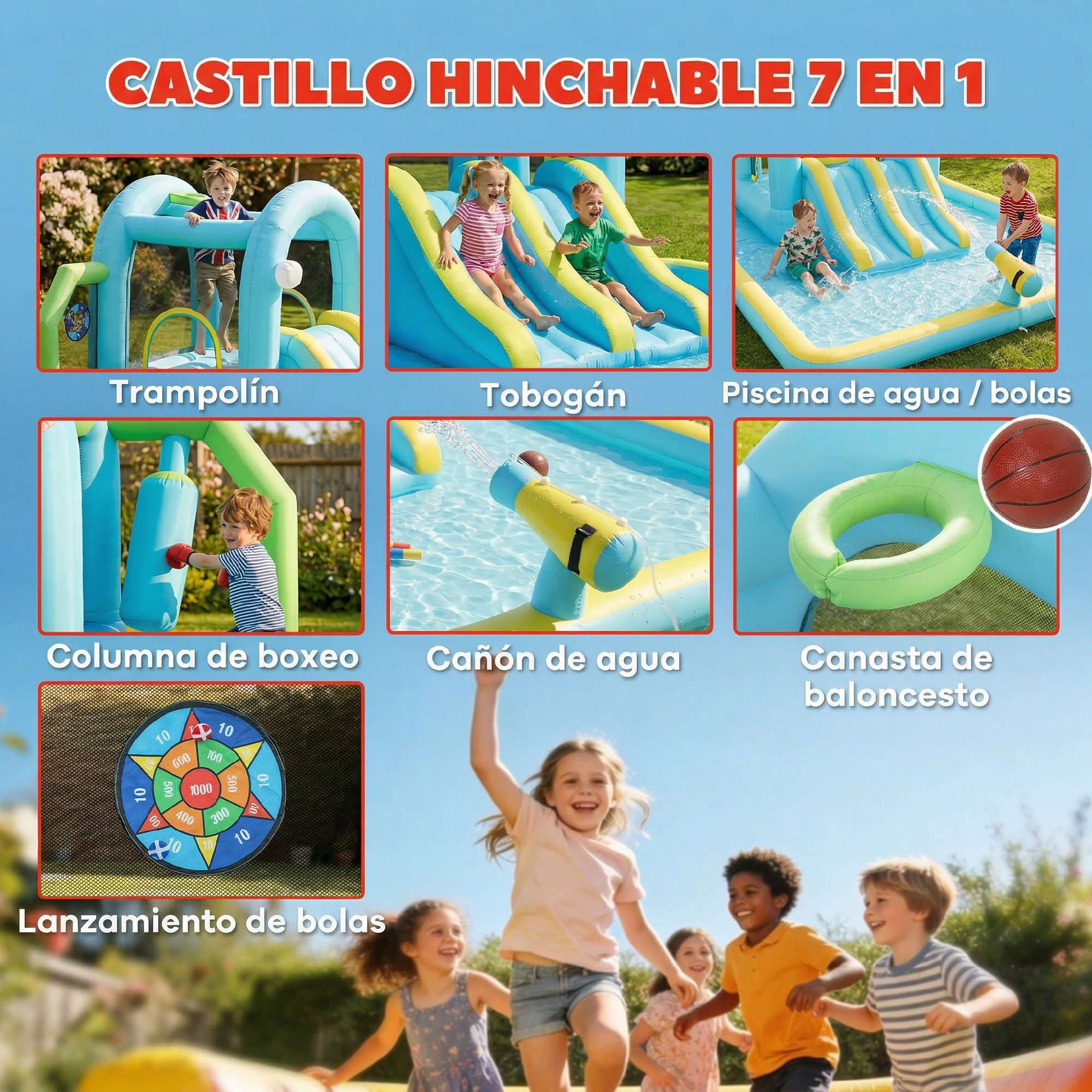 Castillo inflable con tobogán, trampolín, saco de boxeo, lanzamiento de bolas.