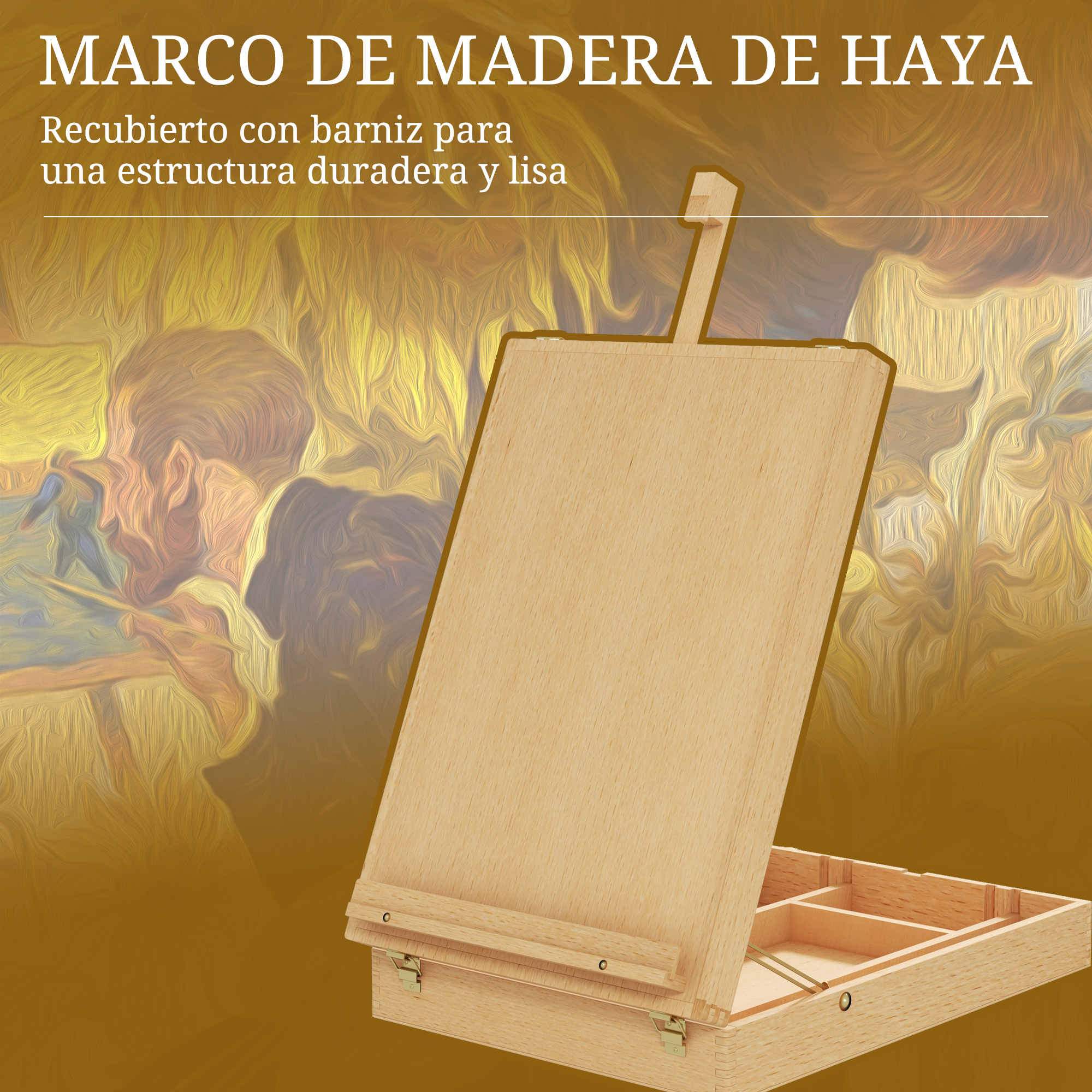 Una caja de arte de madera con la tapa abierta, sobre un fondo abstracto.