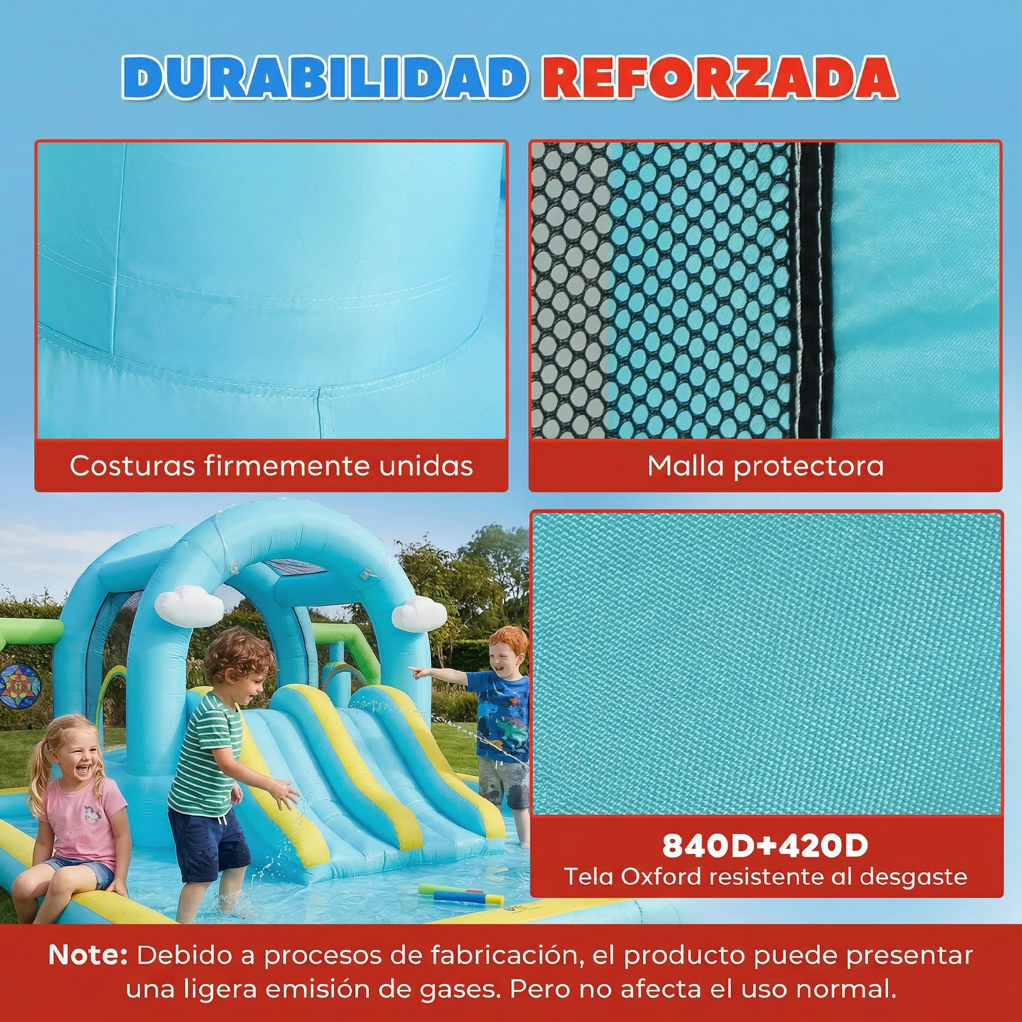 Tres niños jugando en un parque acuático inflable azul y amarillo con toboganes, mostrando características de durabilidad reforzada.