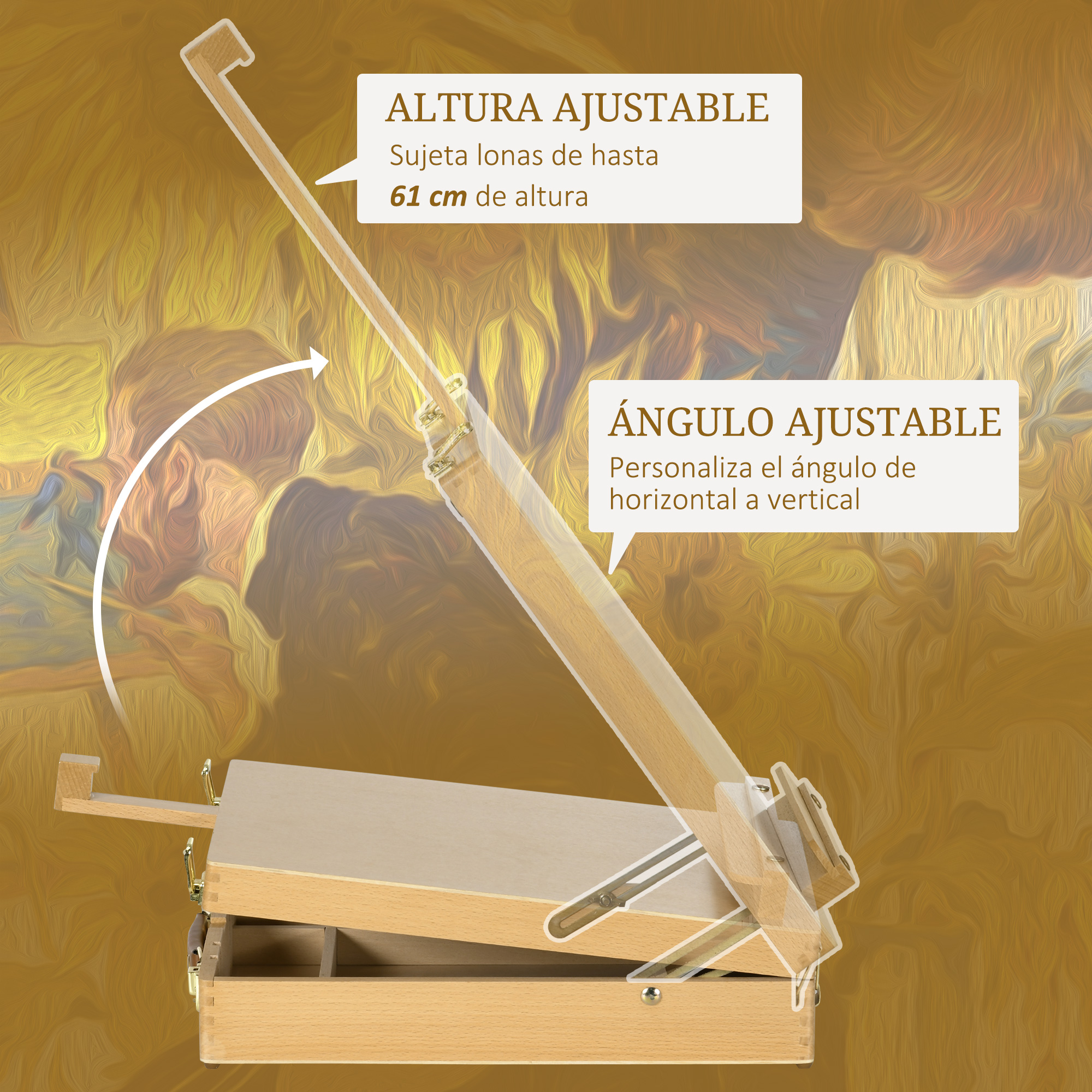 Caja de caballete de madera ajustable en altura y ángulo.