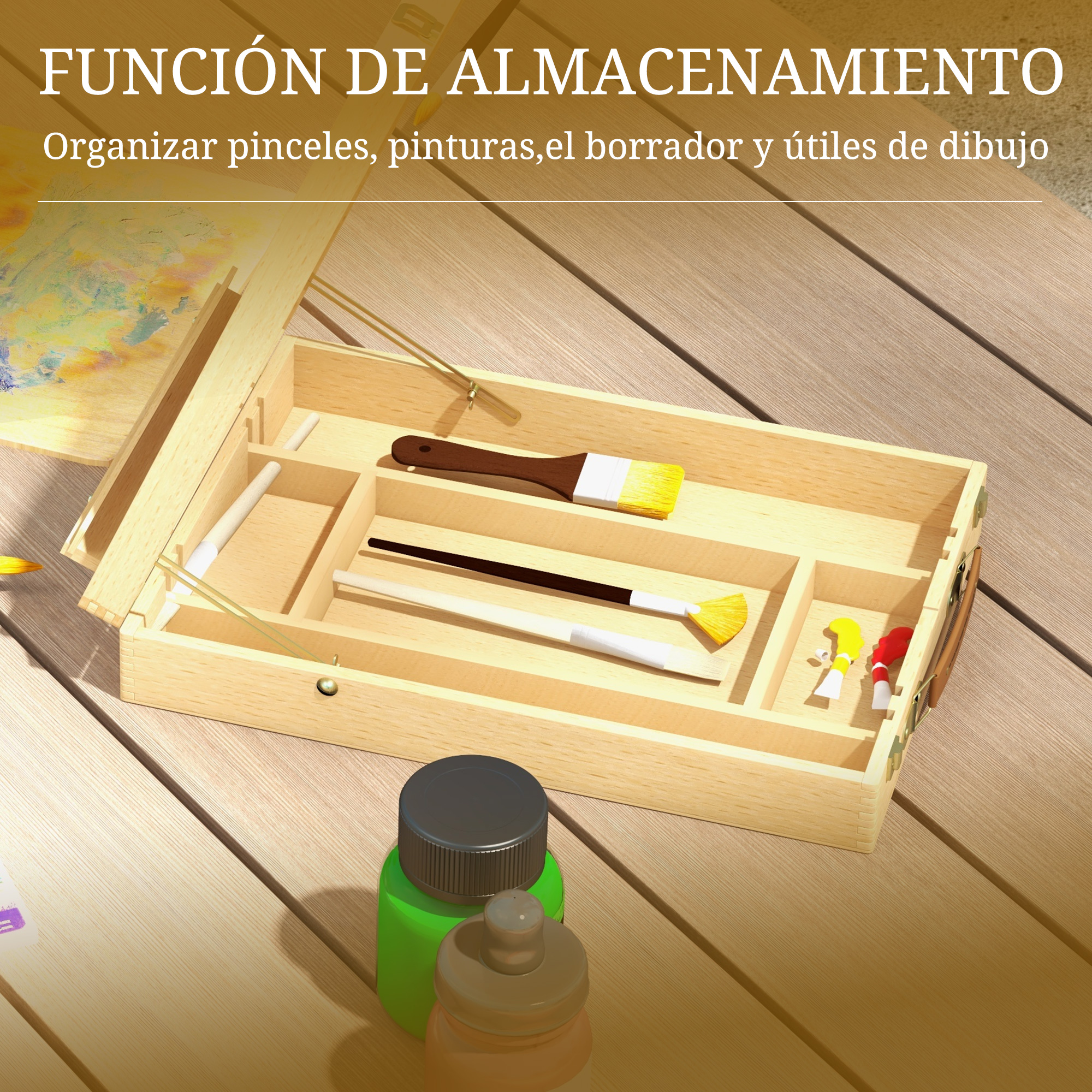 Caja de madera con pinceles, pinturas y útiles de dibujo sobre mesa.