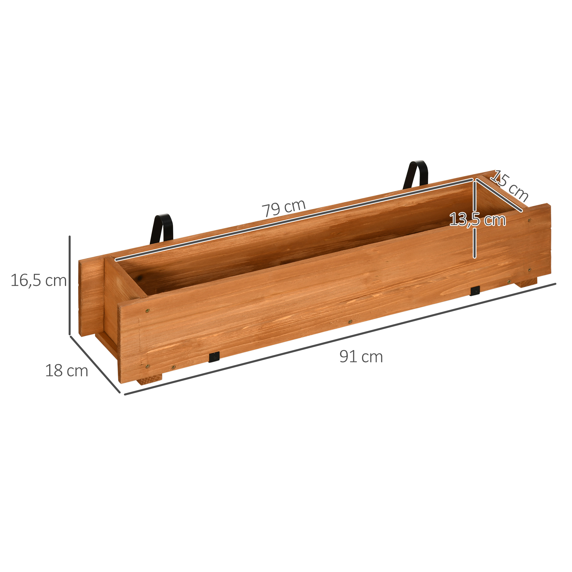 Un jardinera de madera con medidas: L 91cm, Al 16,5cm, An 18cm.