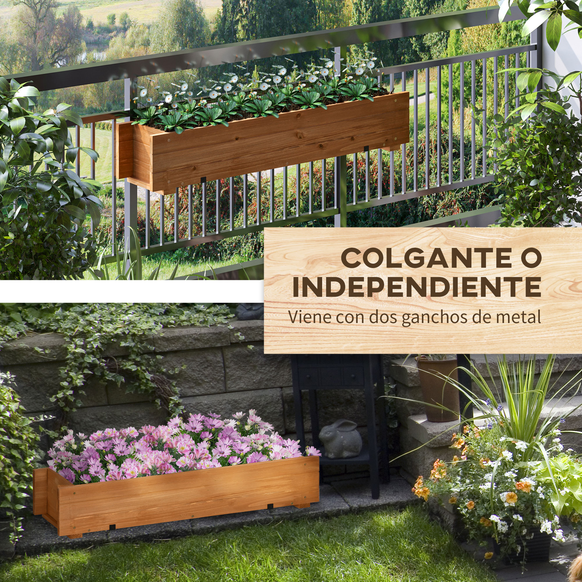 Macetero de madera con flores en balcón y jardín. Texto en madera.