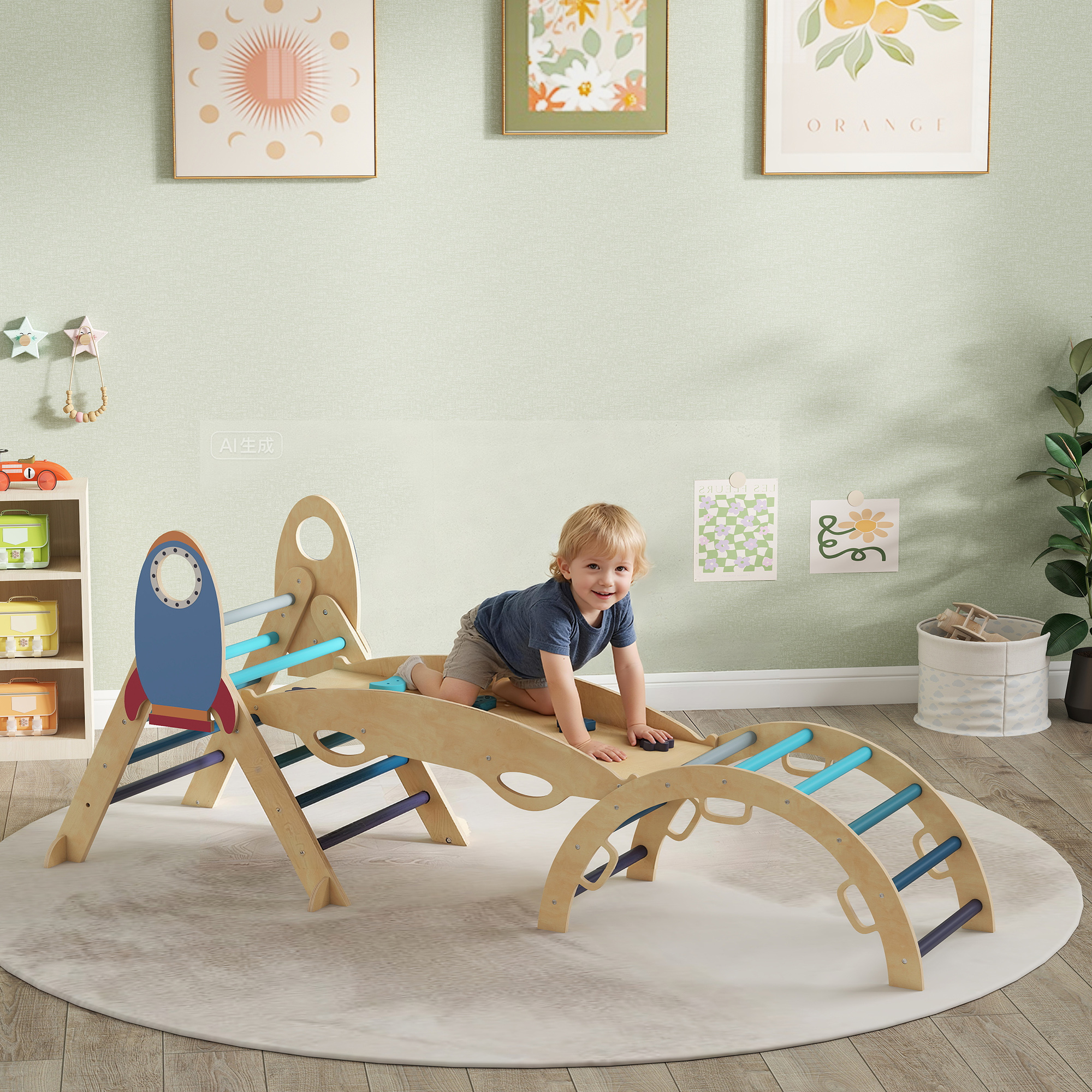 Un niño pequeño gatea en una estructura de juego de madera con diseño de cohete.