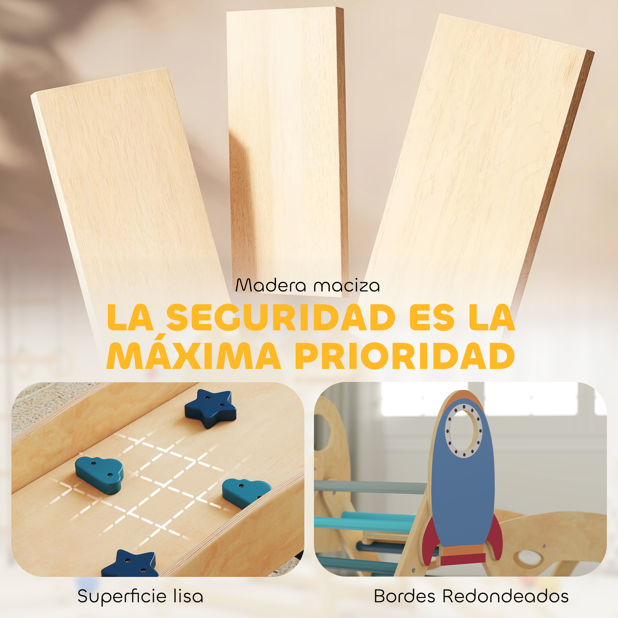 Tablas de madera y juguetes: estrellas, nubes, cohete. Texto sobre seguridad.