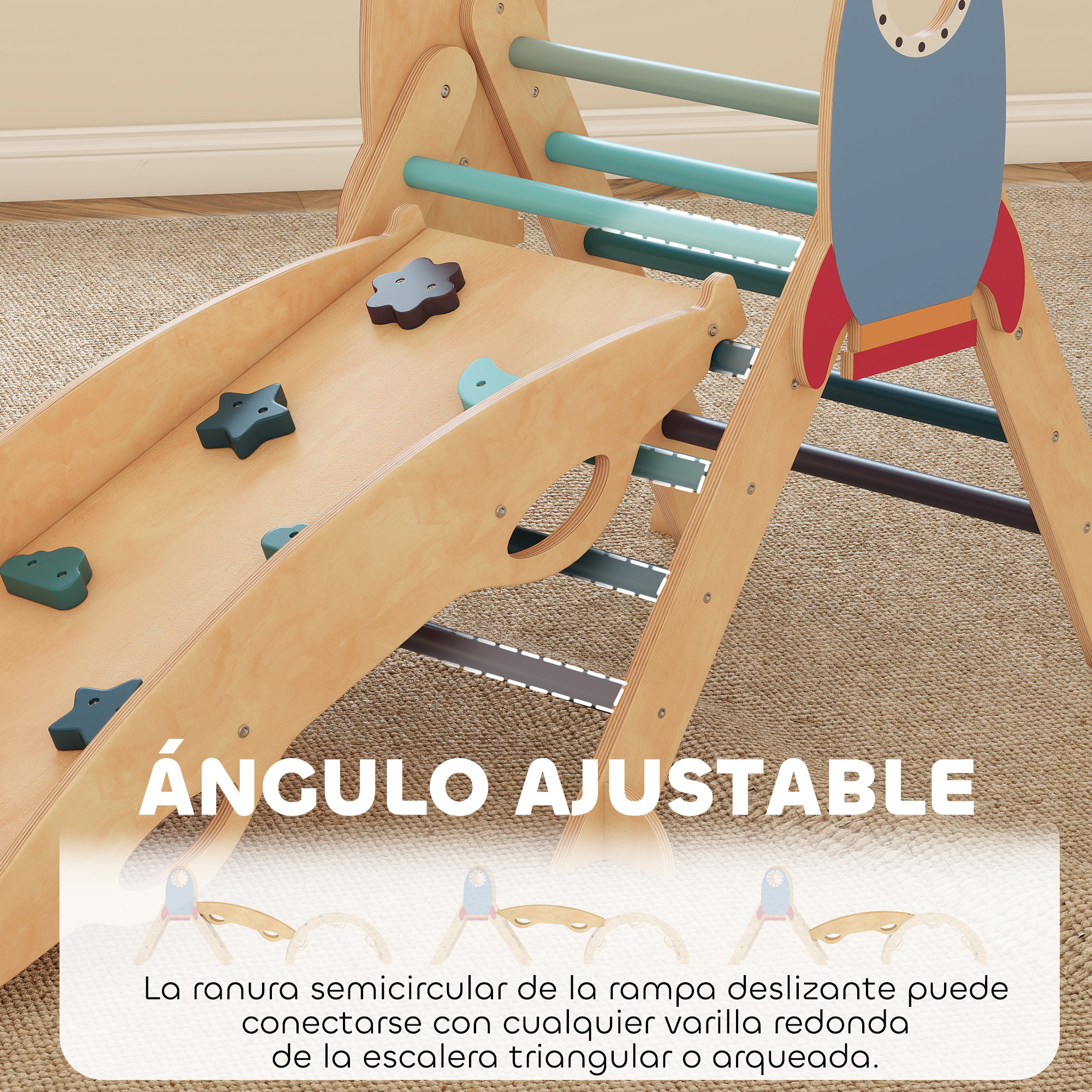 Triángulo de escalada de madera con diseño de cohete y tobogán.