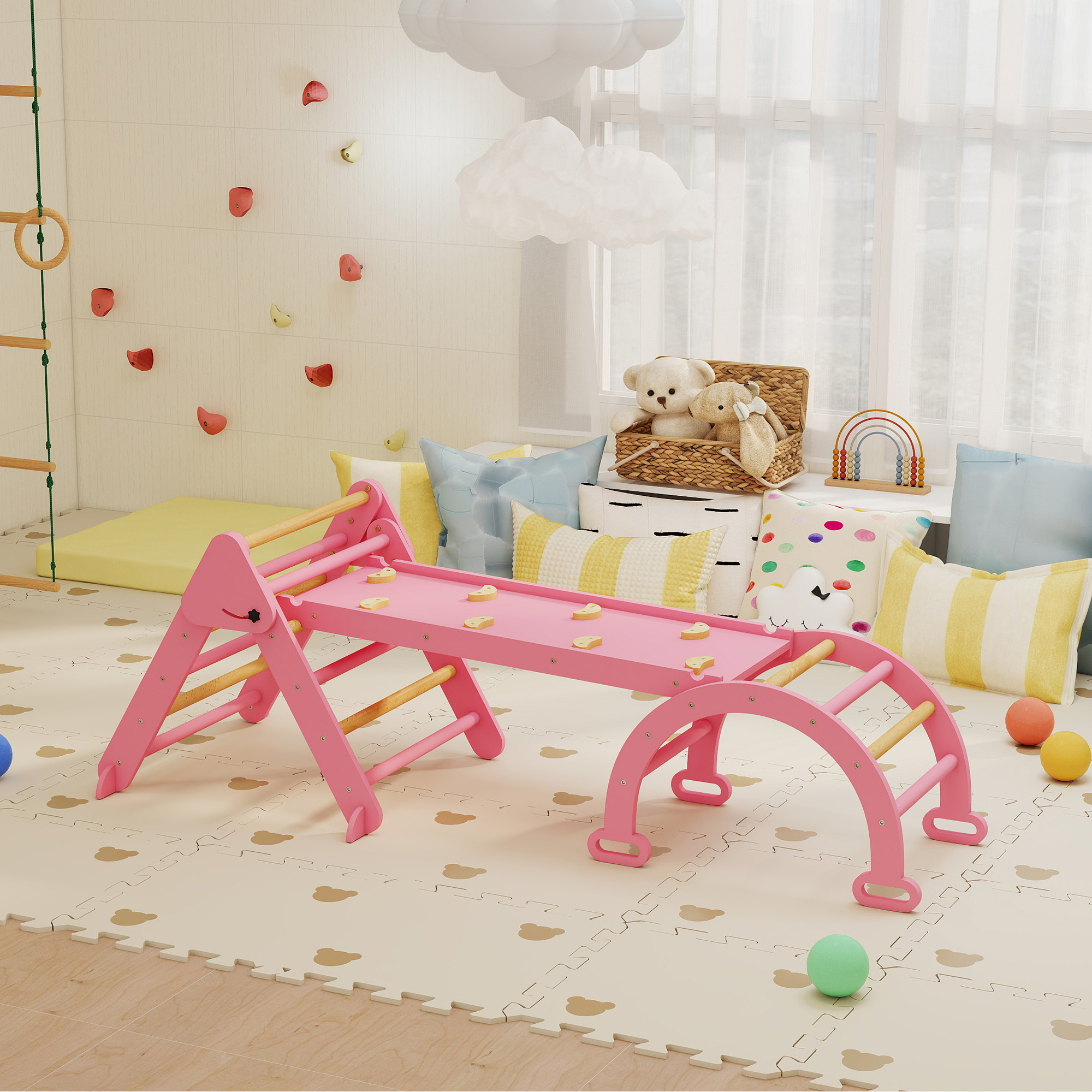 Estructura de juego rosa con elementos de madera en una habitación infantil con ositos y cojines.