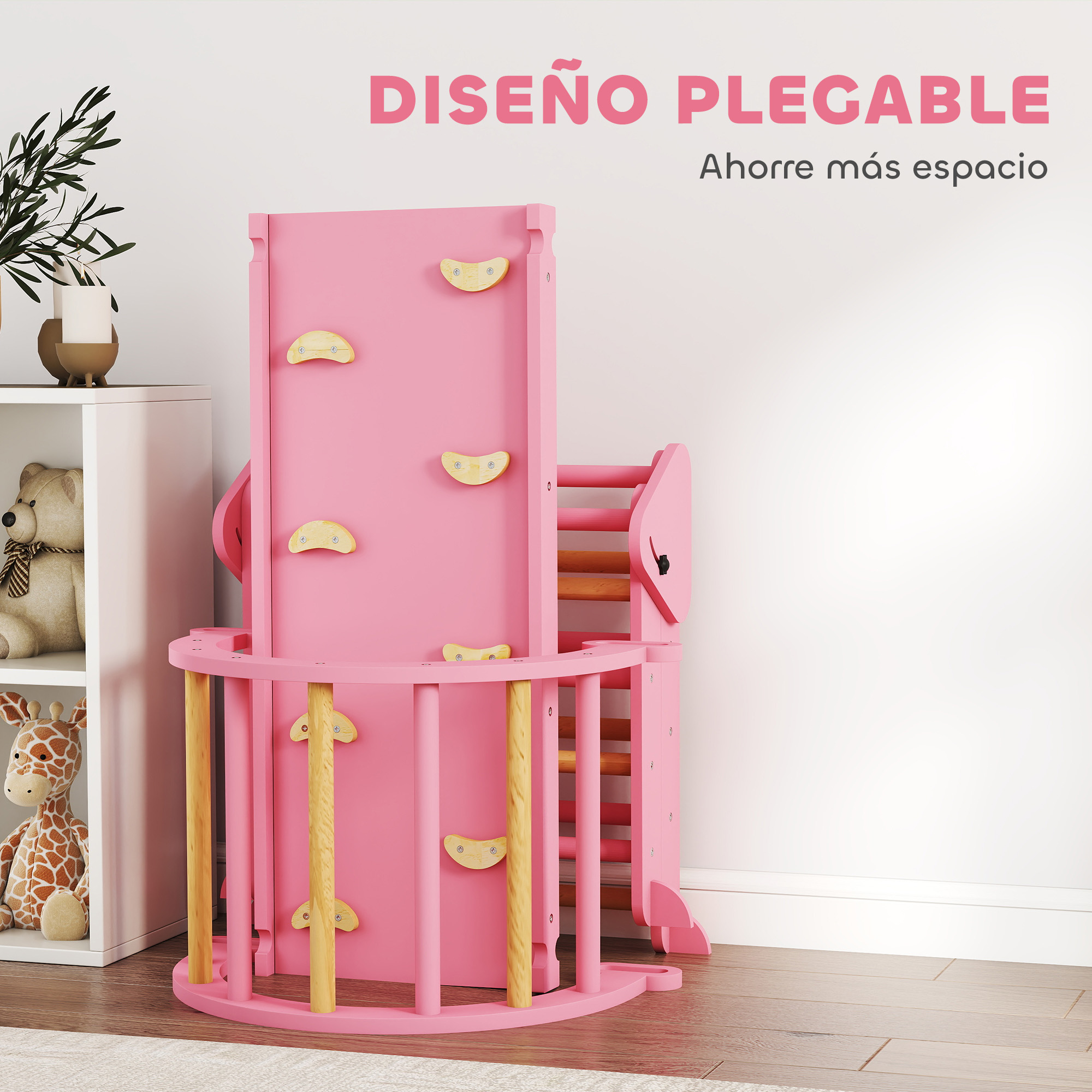 Una estructura de escalada rosa con peldaños y agarres de madera junto a un estante.
