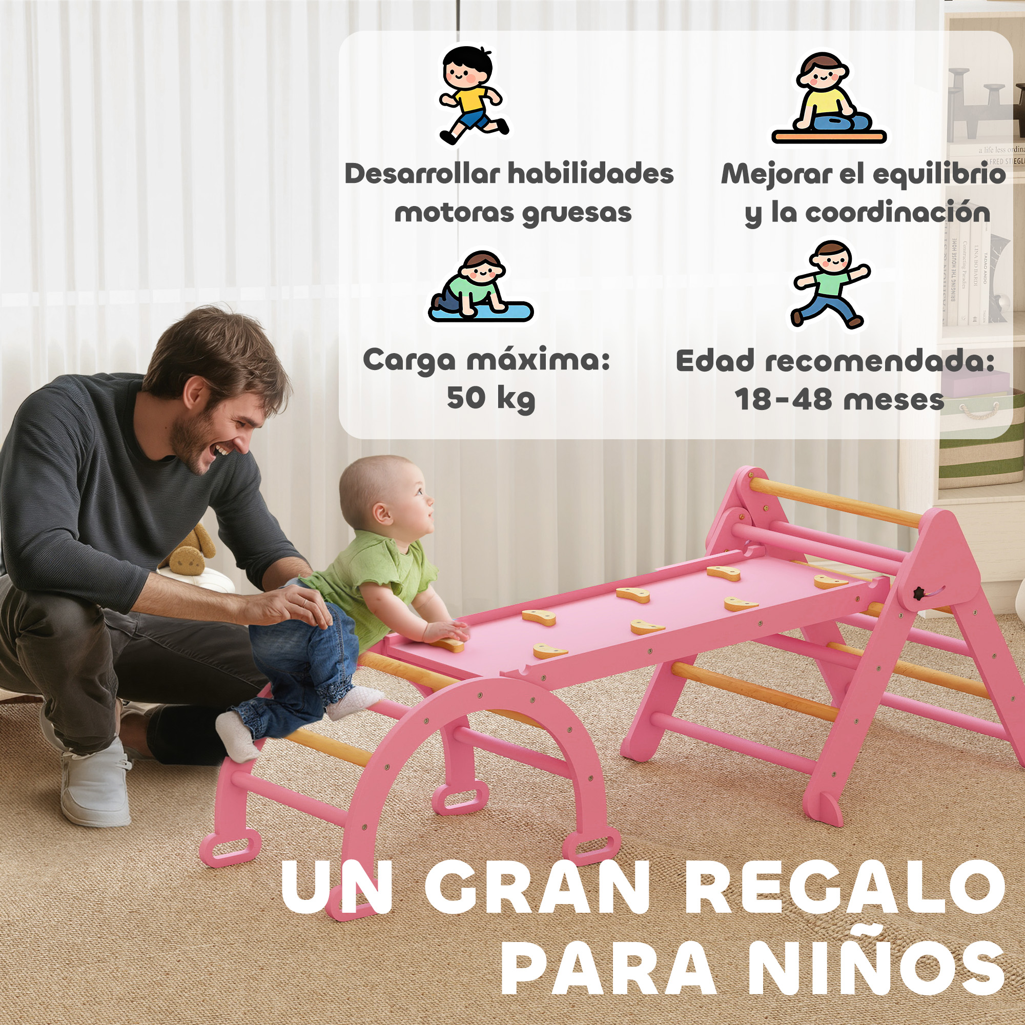 Hombre observa bebé en estructura de juego rosa. Texto sobre motricidad y equilibrio.