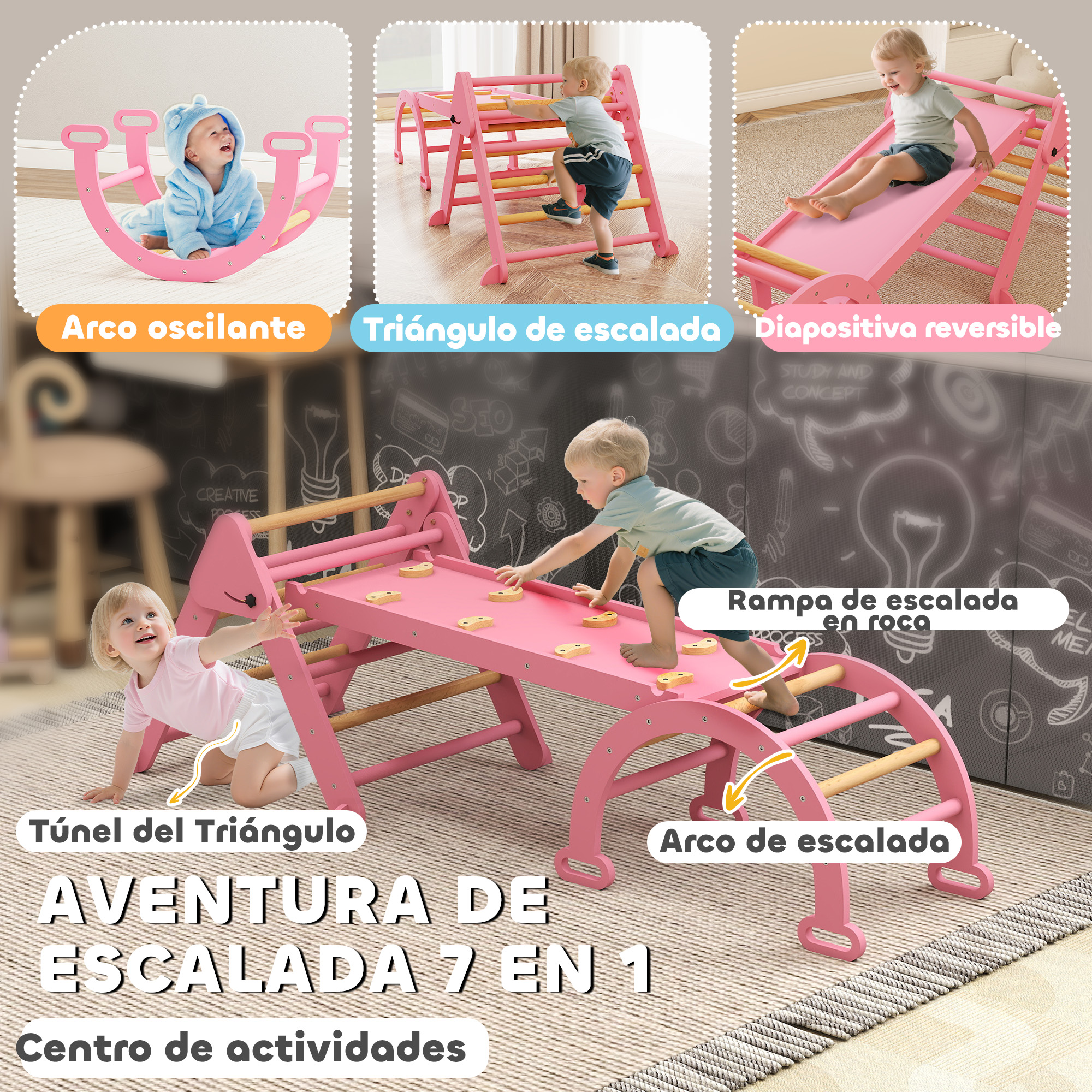 Niños juegan en estructura de escalada rosa con tobogán, balancín y túnel.