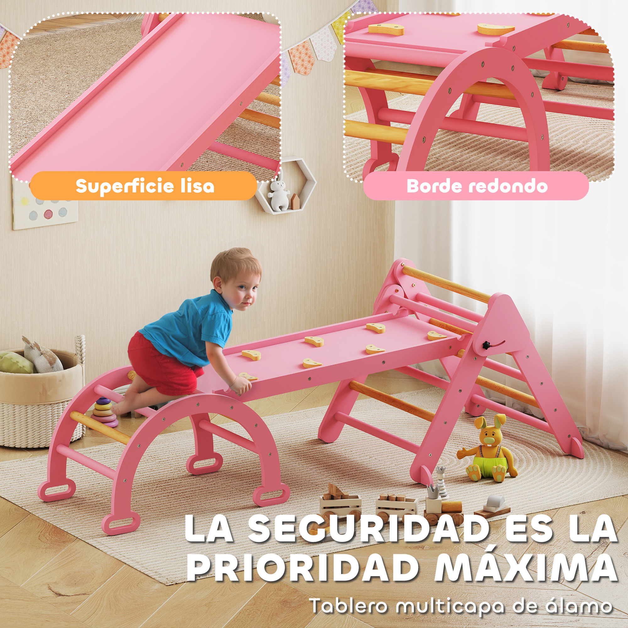 Un niño pequeño escala una estructura de juego rosa de madera con barras.