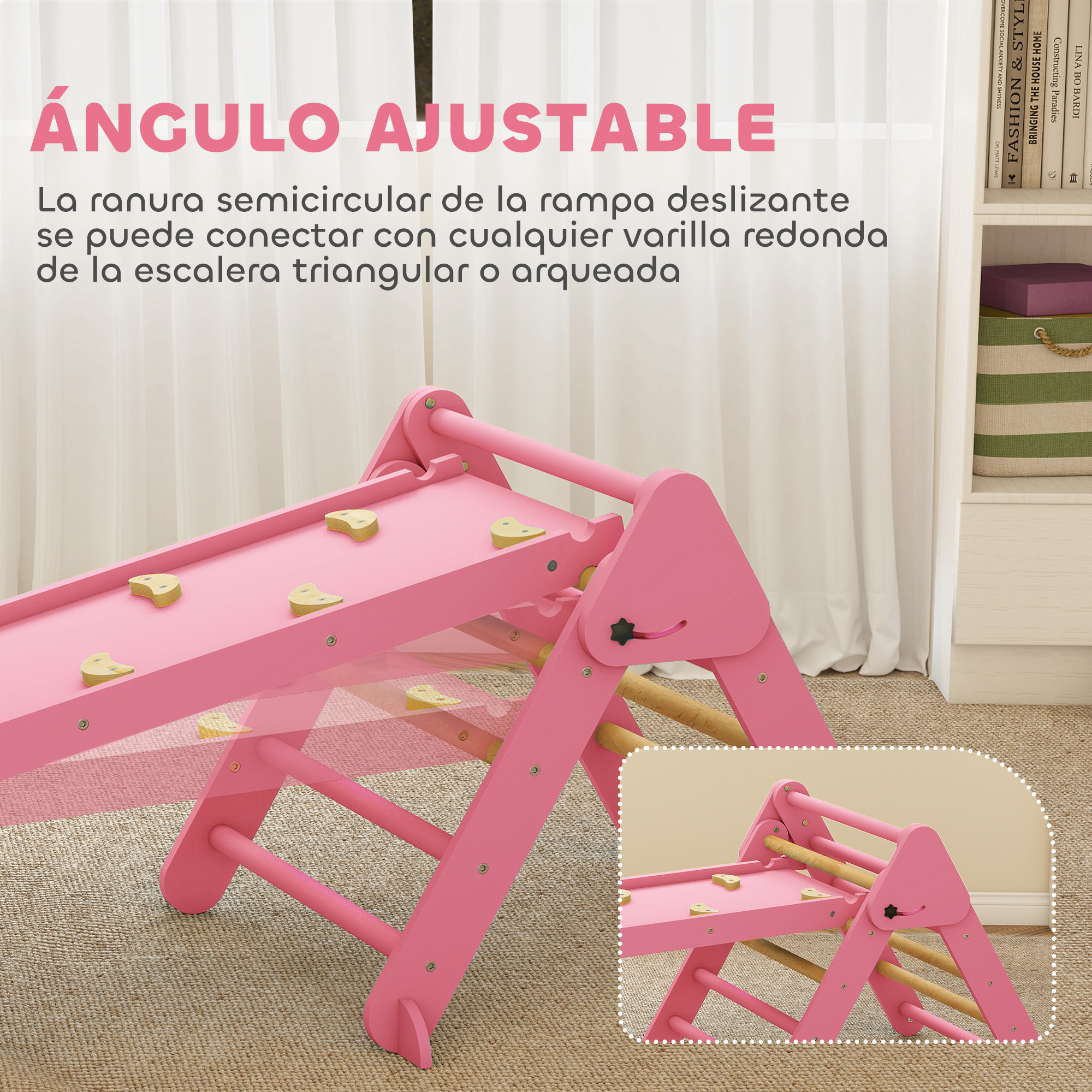 Un trepador de madera rosa con agarres amarillos.