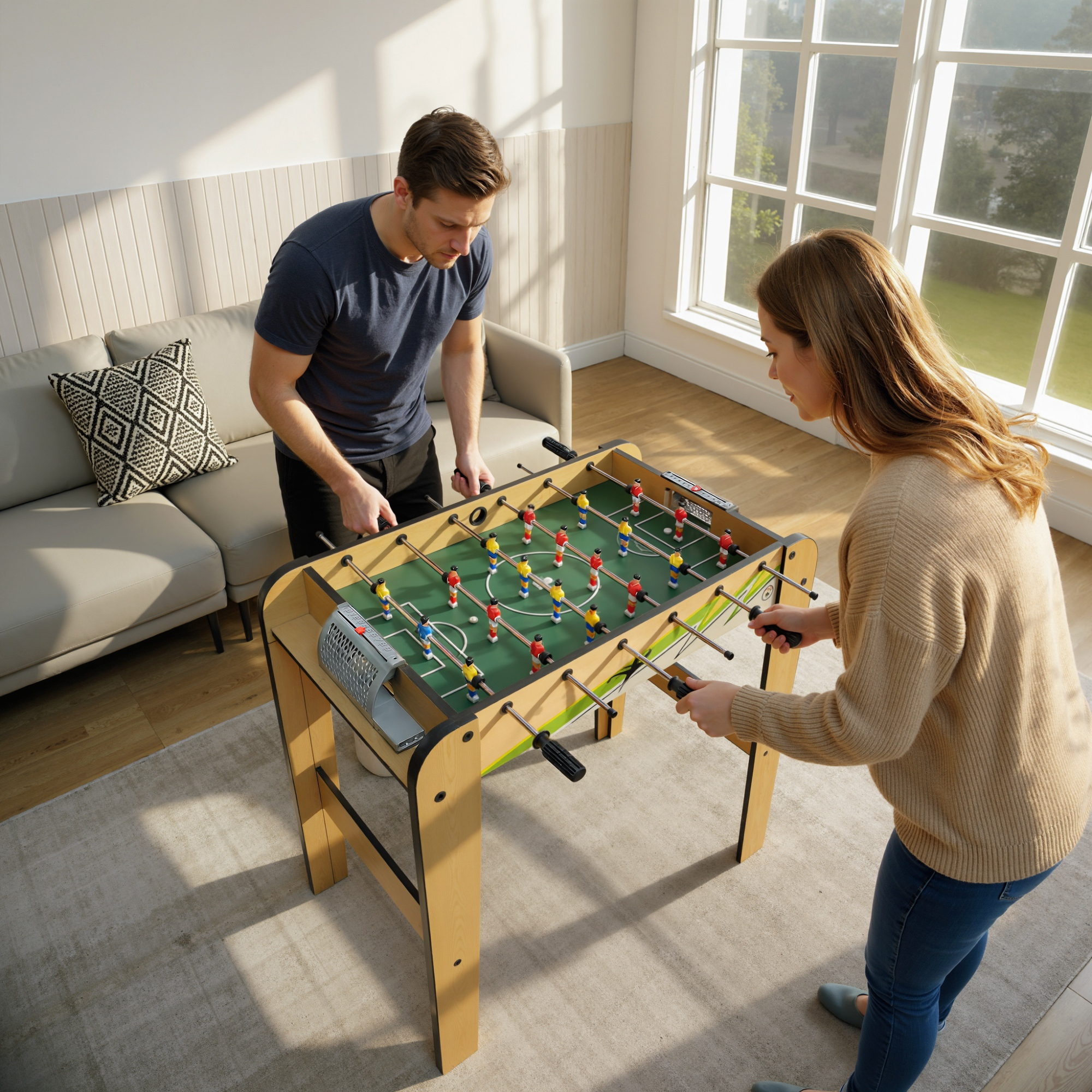 Hombre y mujer jugando al futbolín en una sala luminosa con sofá y ventana grande.