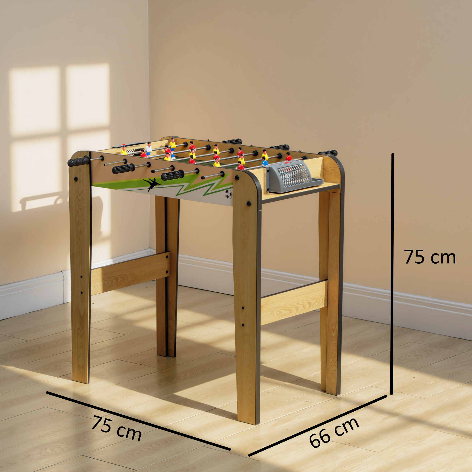 Un futbolín con figuras rojas y azules sobre una mesa de madera.