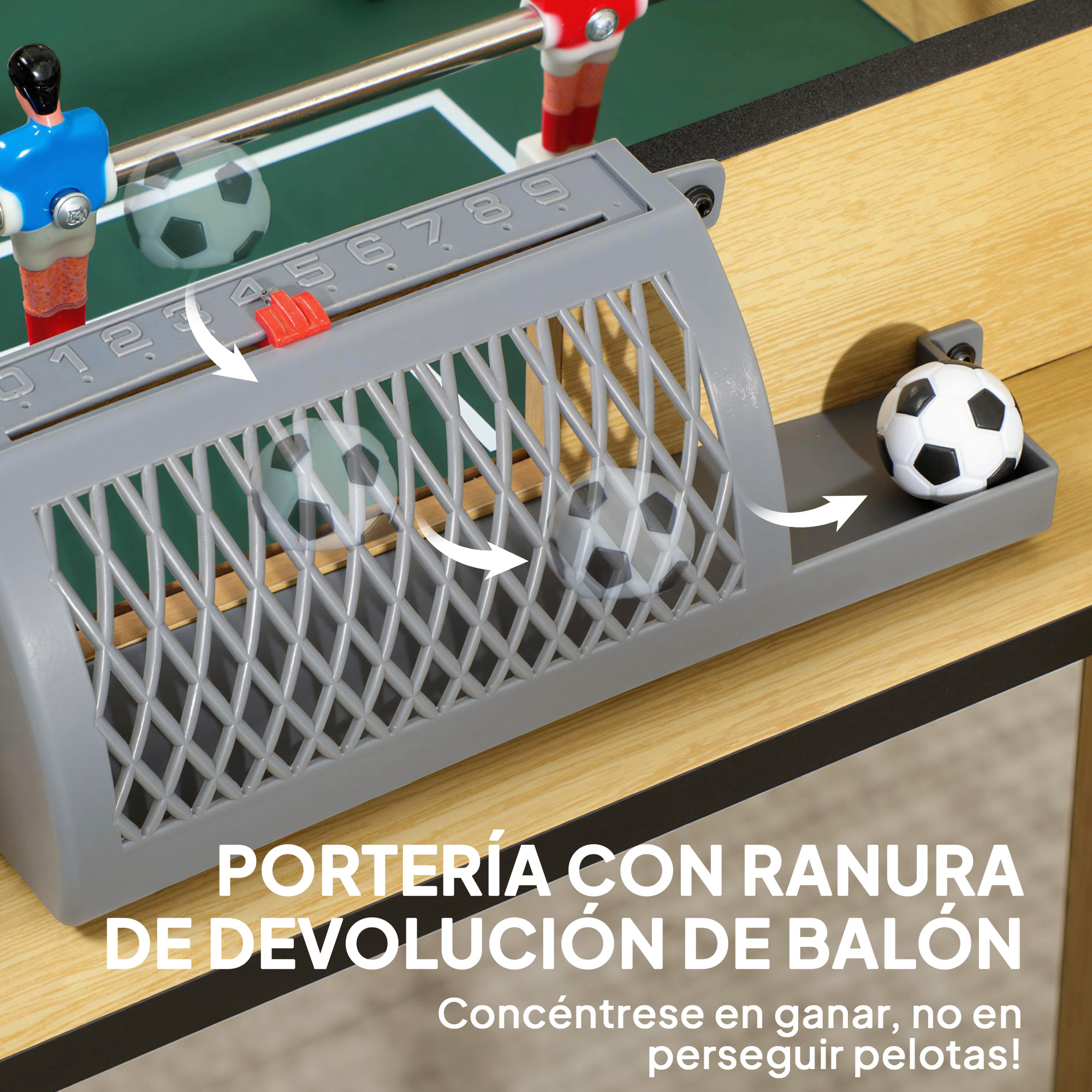 Portería de futbolín con ranura de devolución y figuras.