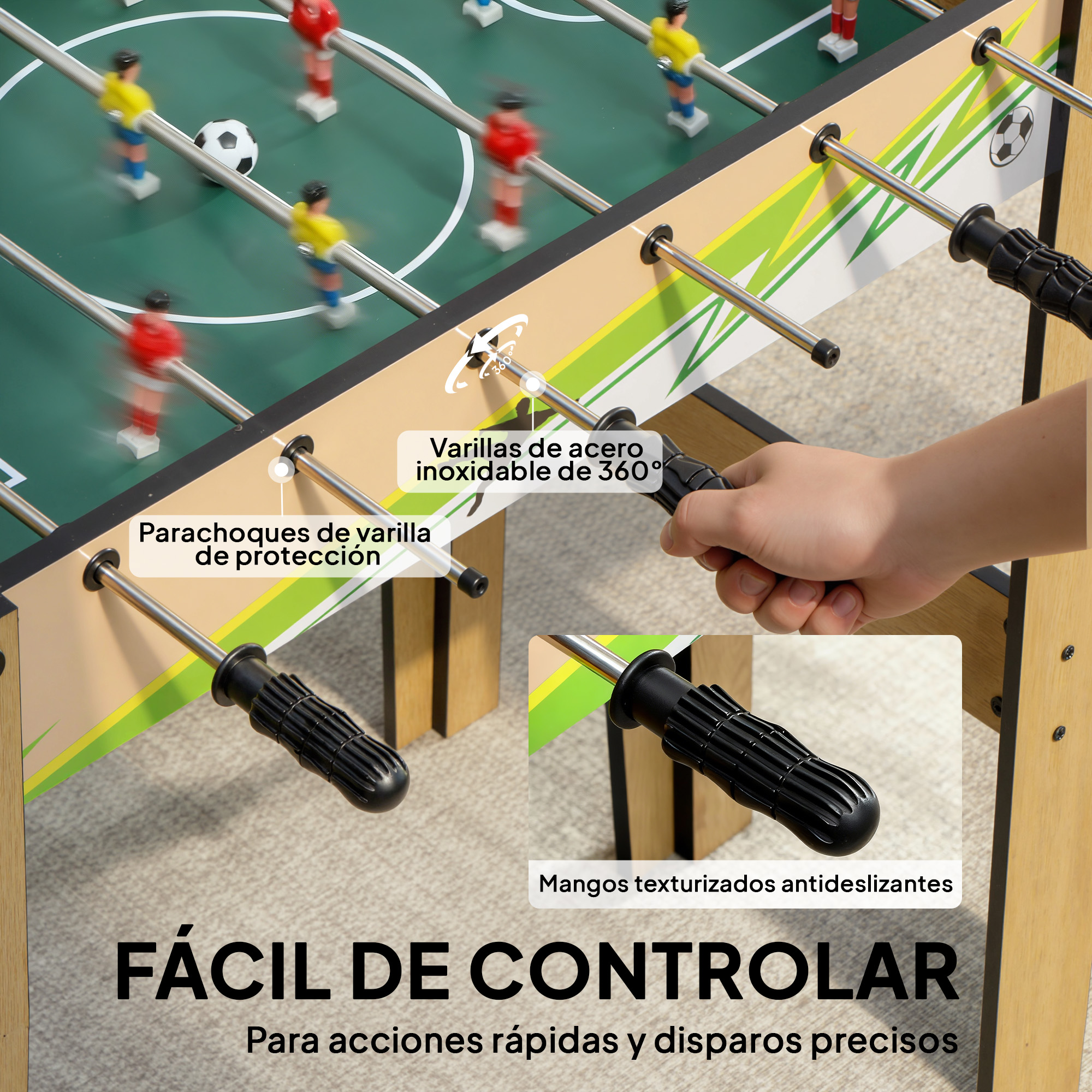 Mesa de futbolín con jugadores, balón y mangos. Fácil de controlar.