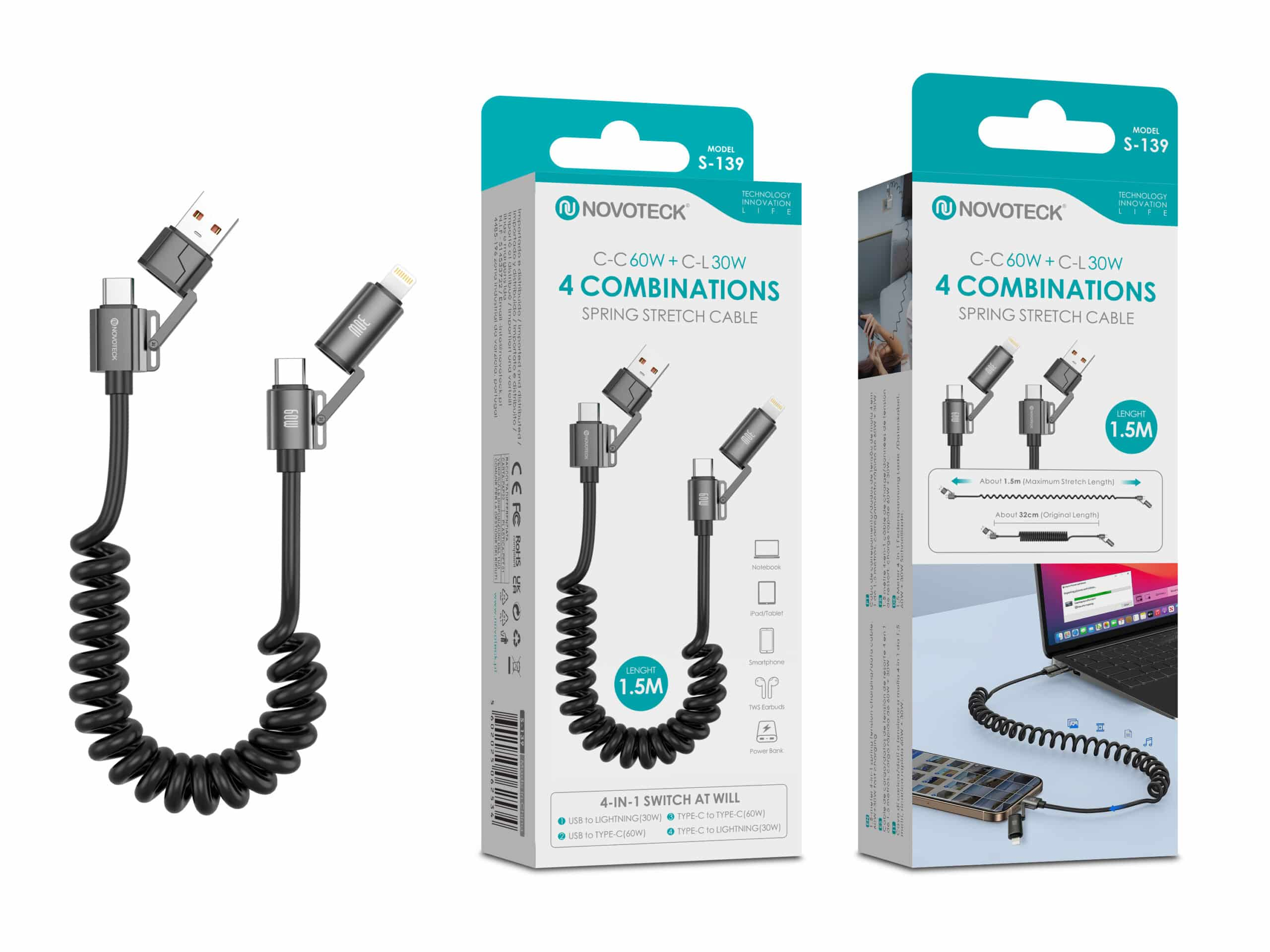 Cable negro en espiral con conectores USB-C, Lightning y USB-A.