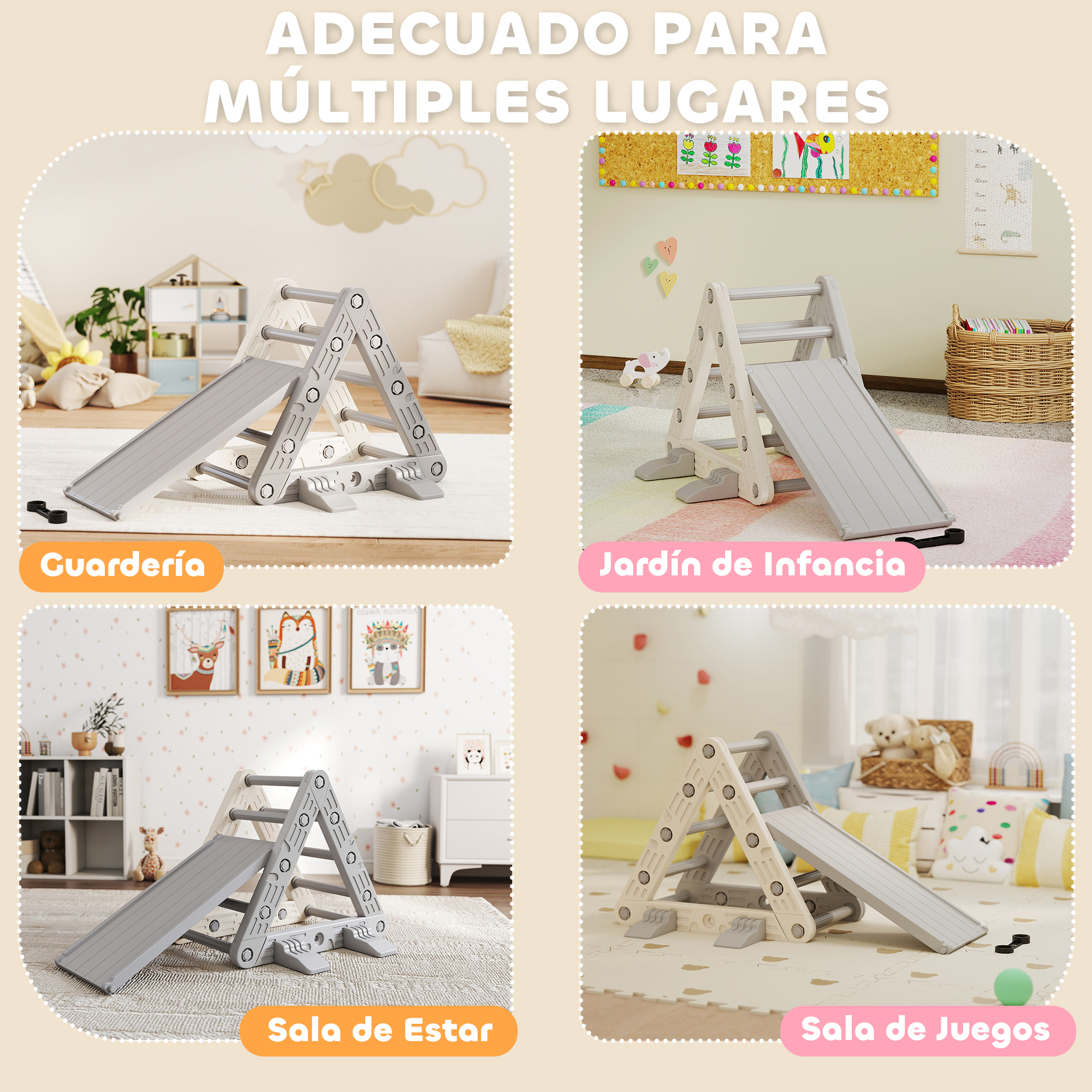 Un trepador de juguete gris con tobogán en diferentes habitaciones.
