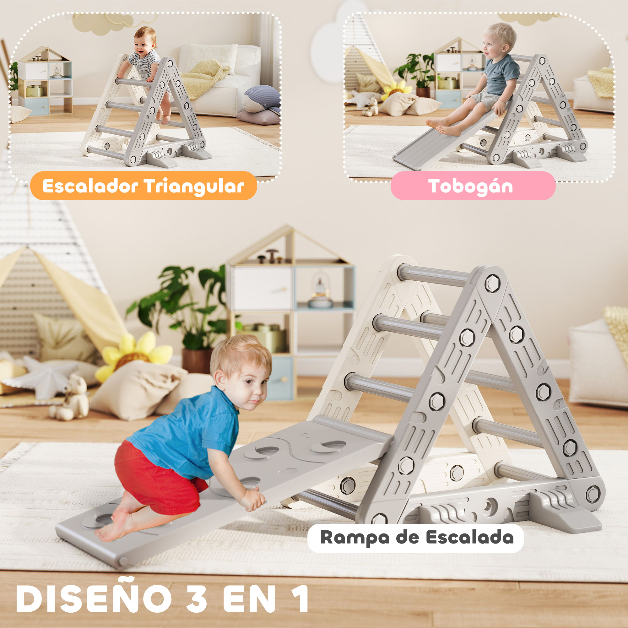 Un niño trepa a un trepador de juguete gris y blanco con tobogán.