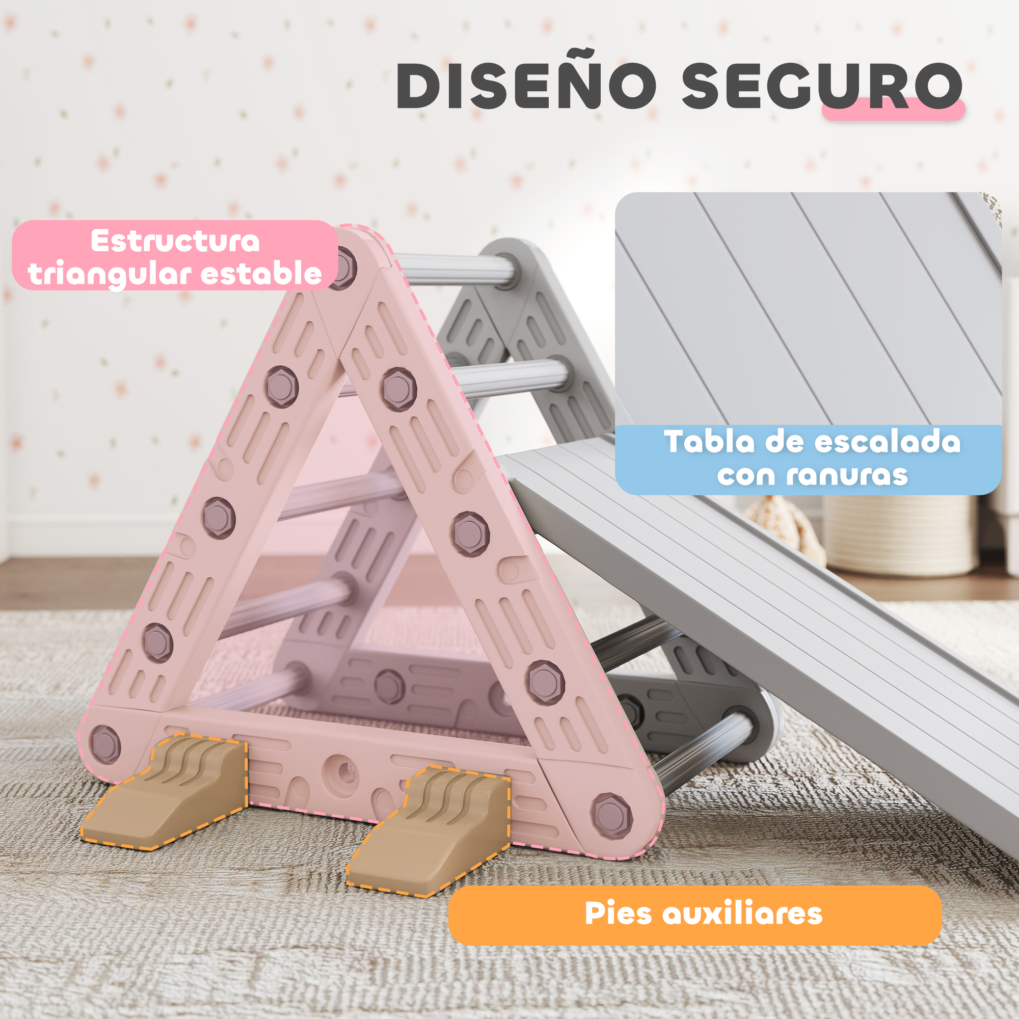 Una estructura de escalada triangular rosa con tobogán gris y pies auxiliares.