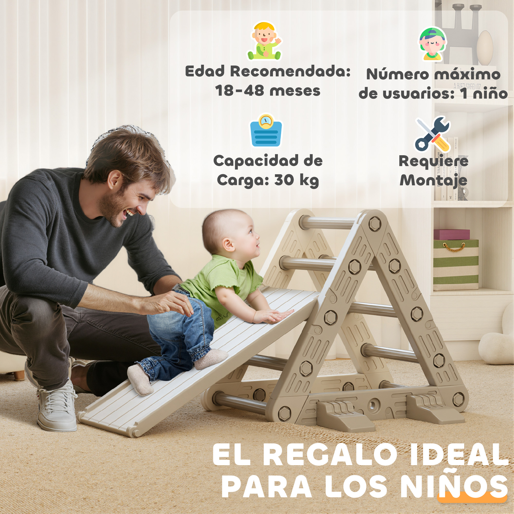 Hombre mira a bebé en un trepador. Texto indica edad, peso y montaje.