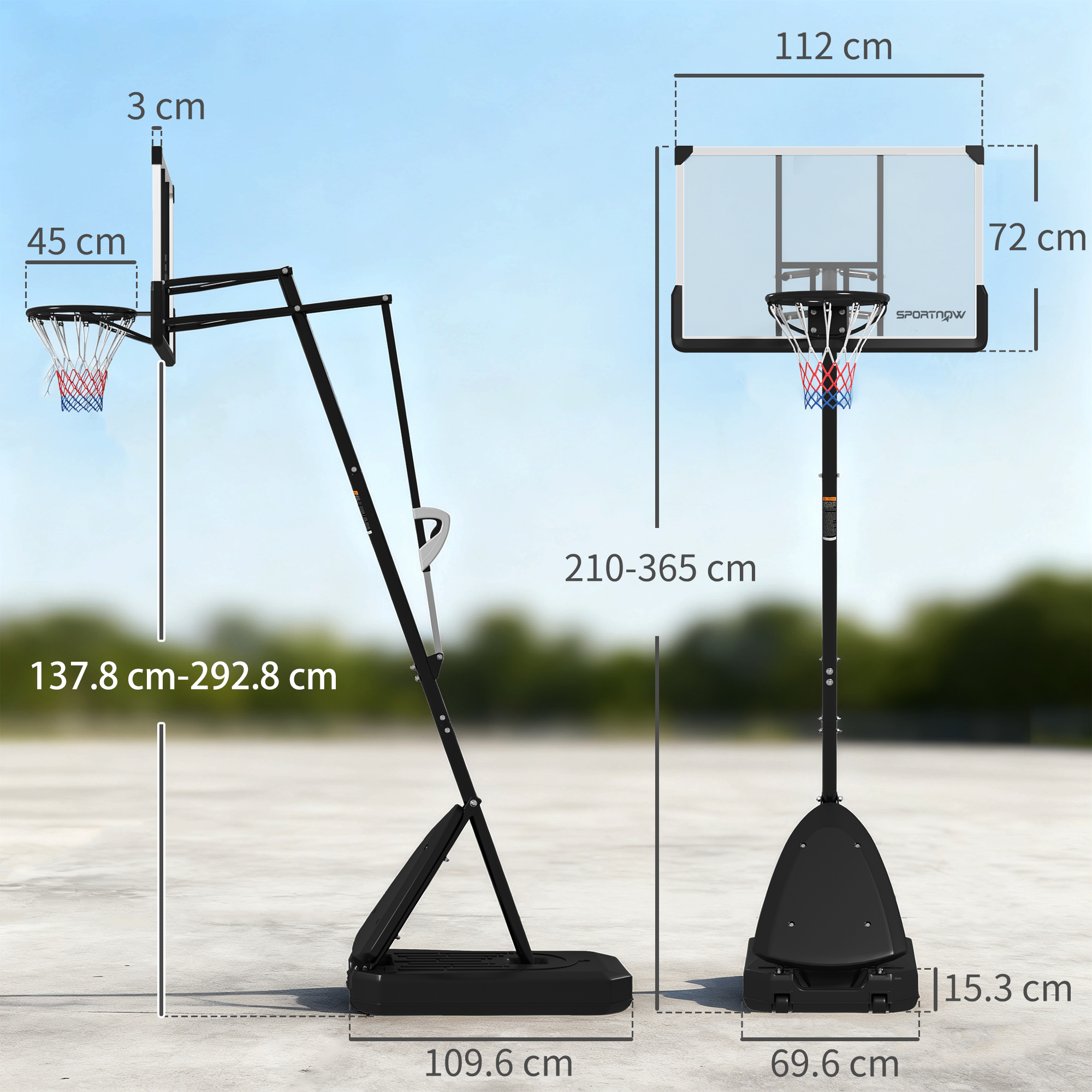 Dos canastas de baloncesto con soportes ajustables y dimensiones sobre superficie de hormigón.
