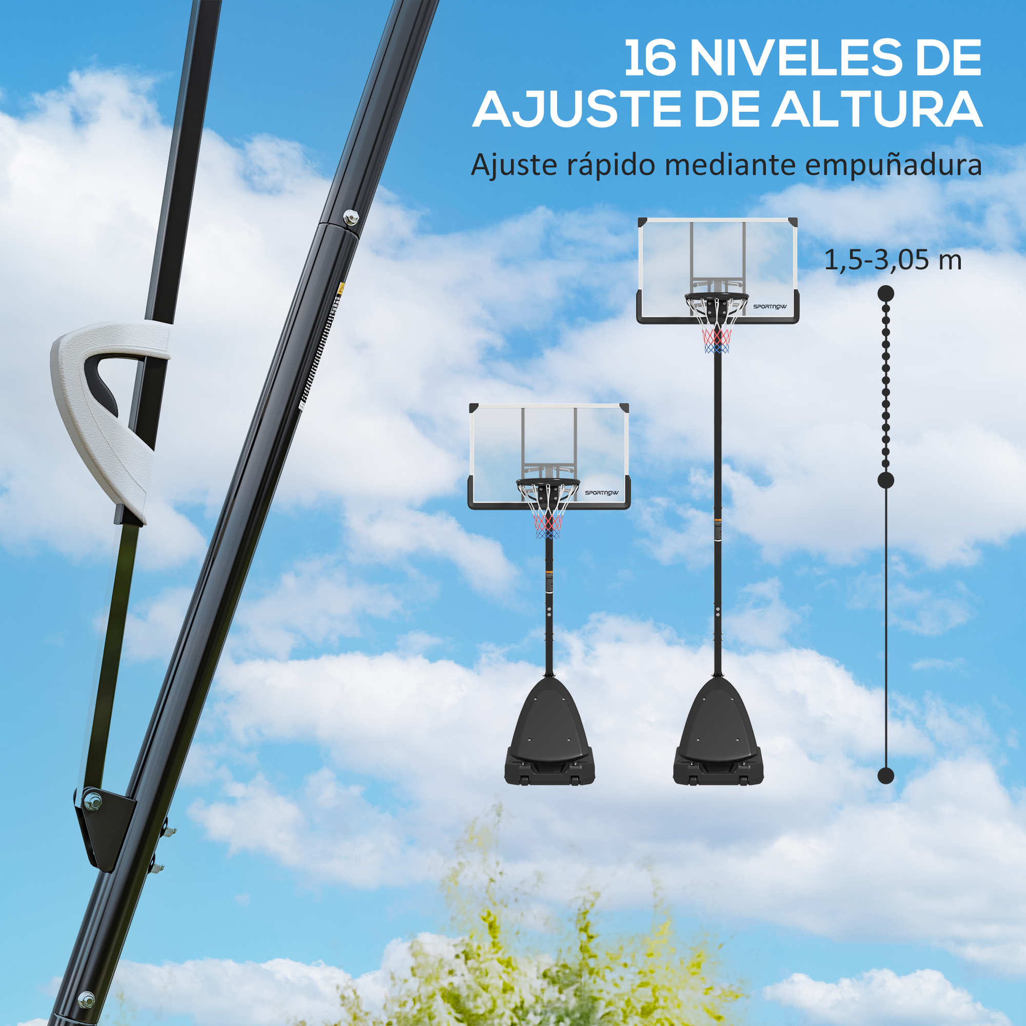 Canasta de baloncesto con altura ajustable y asa, 1,5-3,05m. Cielo azul.