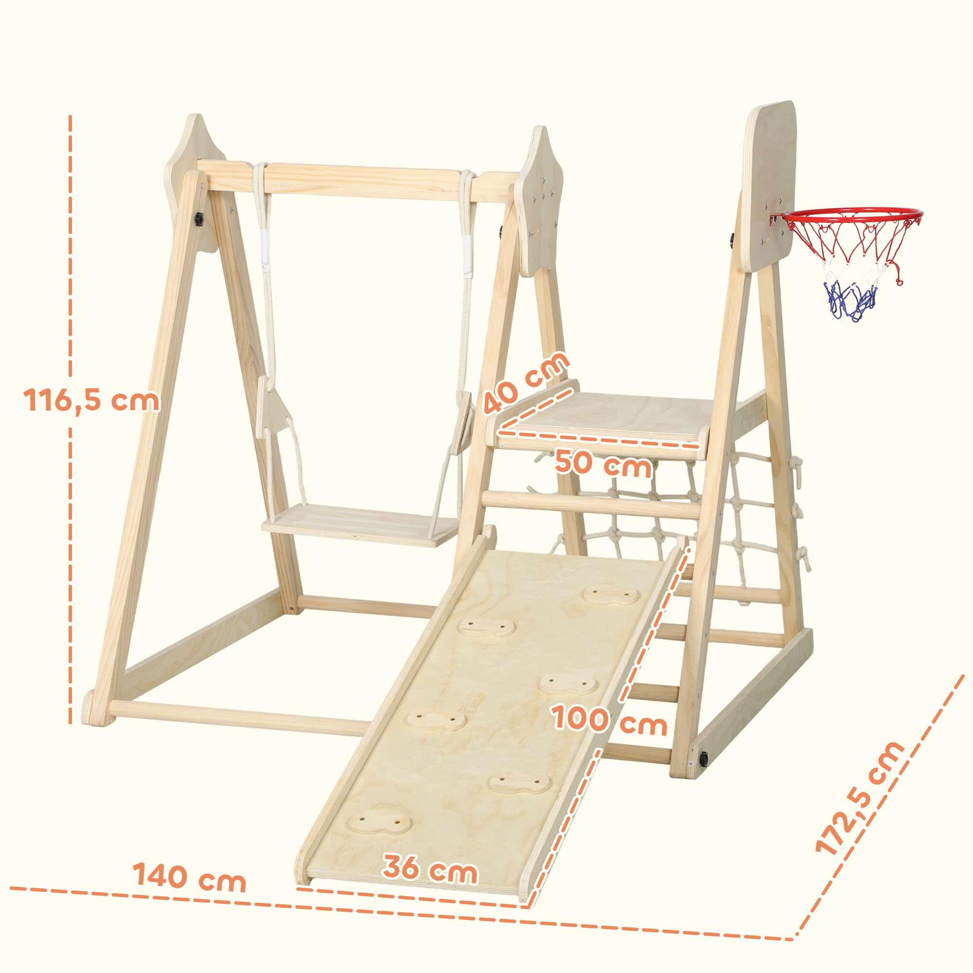 Estructura de juego de madera con columpio, tobogán, pared de escalada y aro.