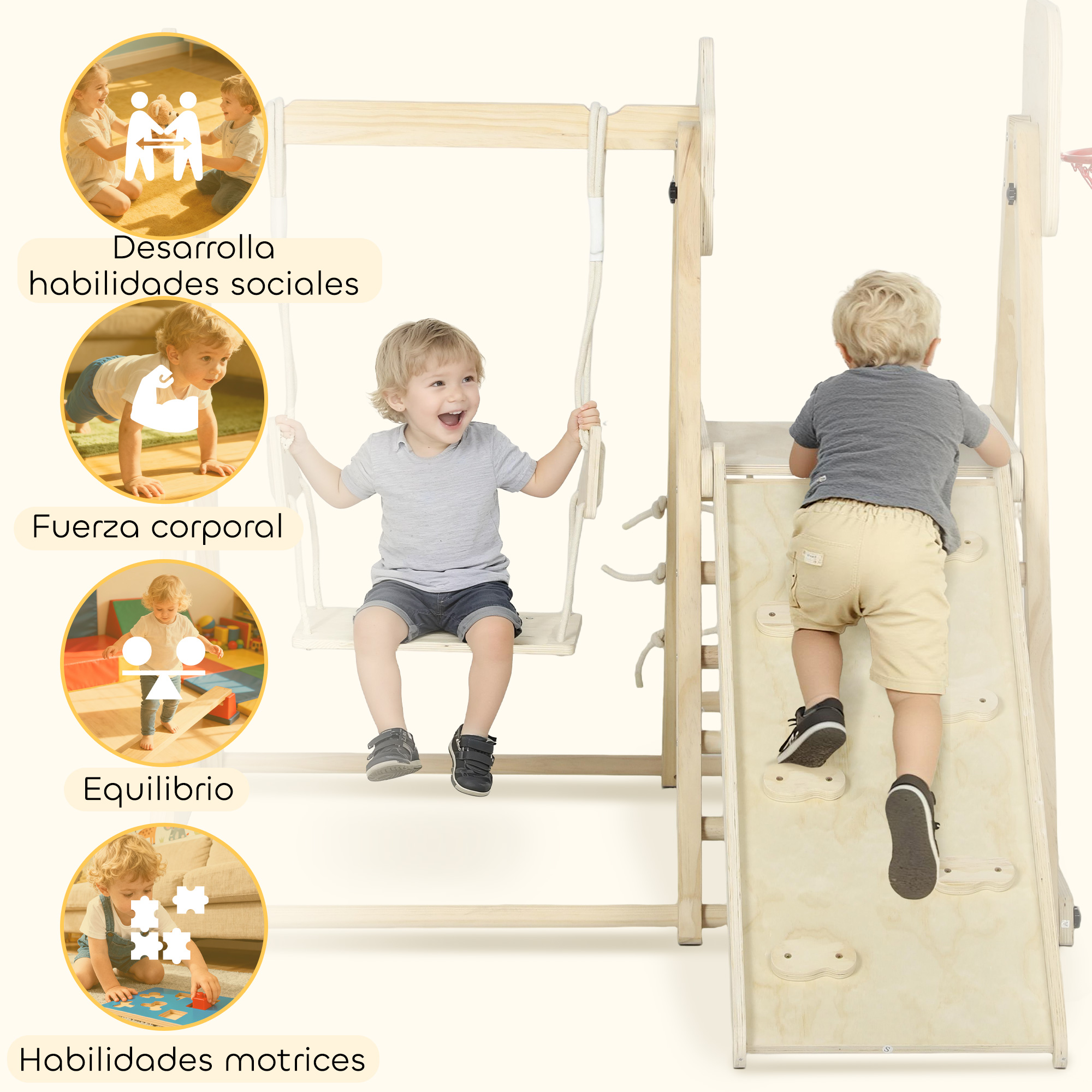 Estructura de juego de madera con tobogán y columpio, niños trepan y juegan.