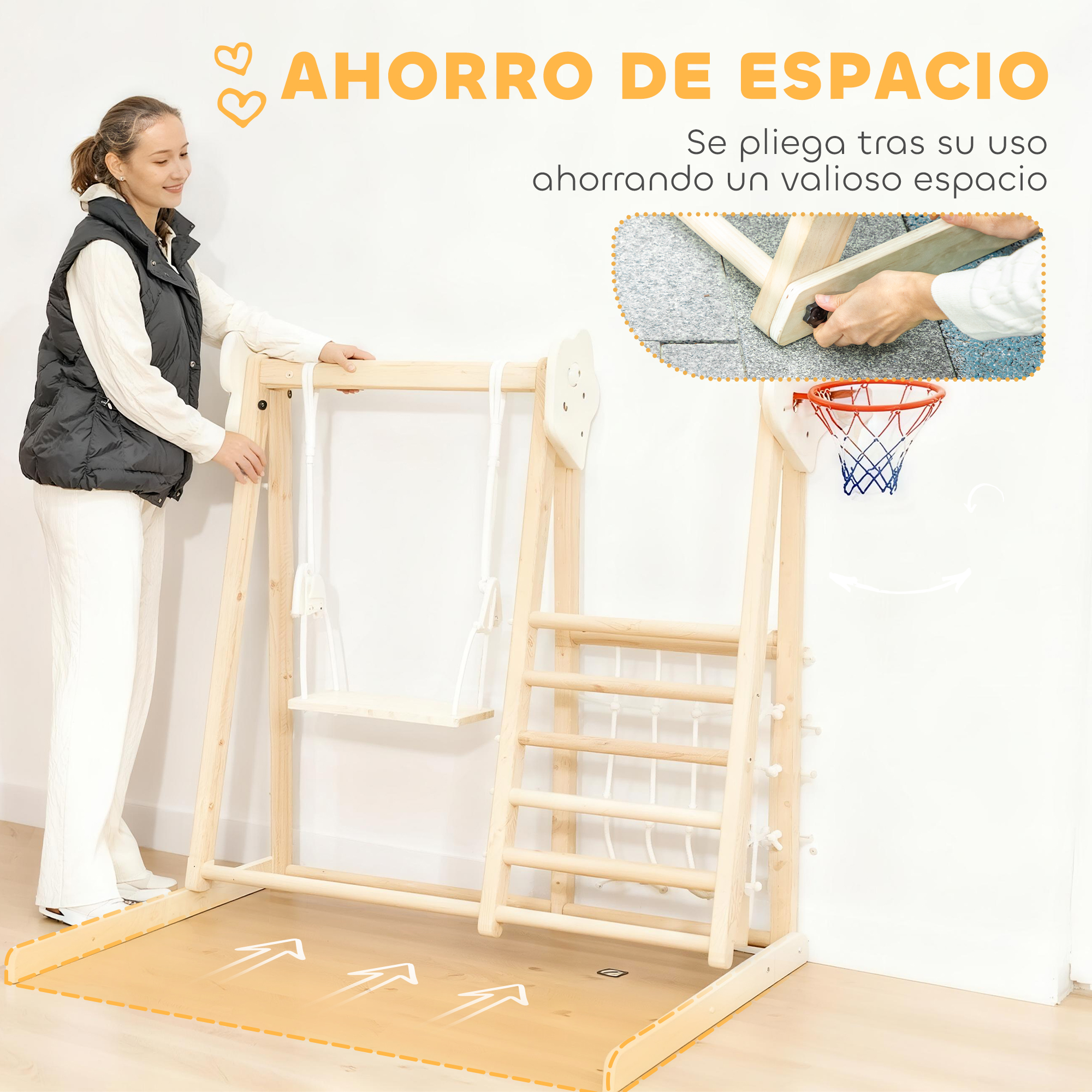 Una mujer junto a una estructura de juego de madera con columpio y pared de escalada. Tiene una canasta.