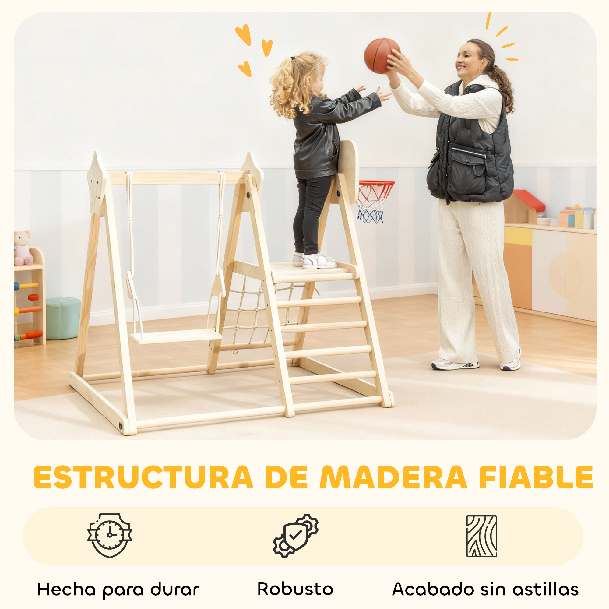 Madre e hija juegan baloncesto frente a una estructura de juego de madera.