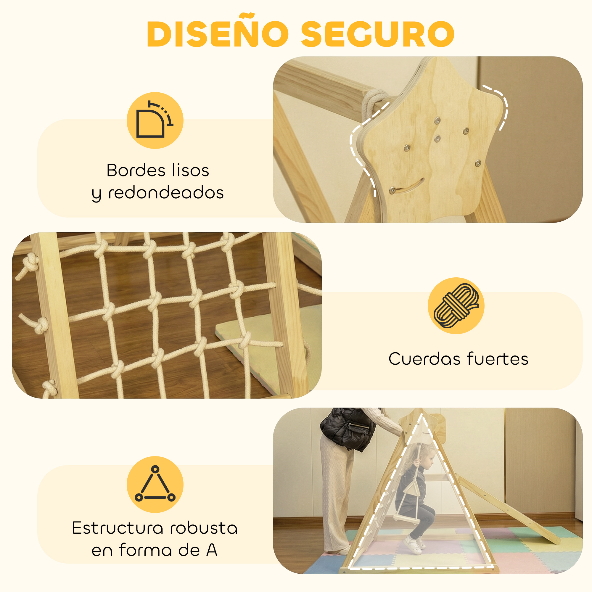 Estructura de juego de madera con bordes lisos, red de cuerda, cuerdas y marco en A.