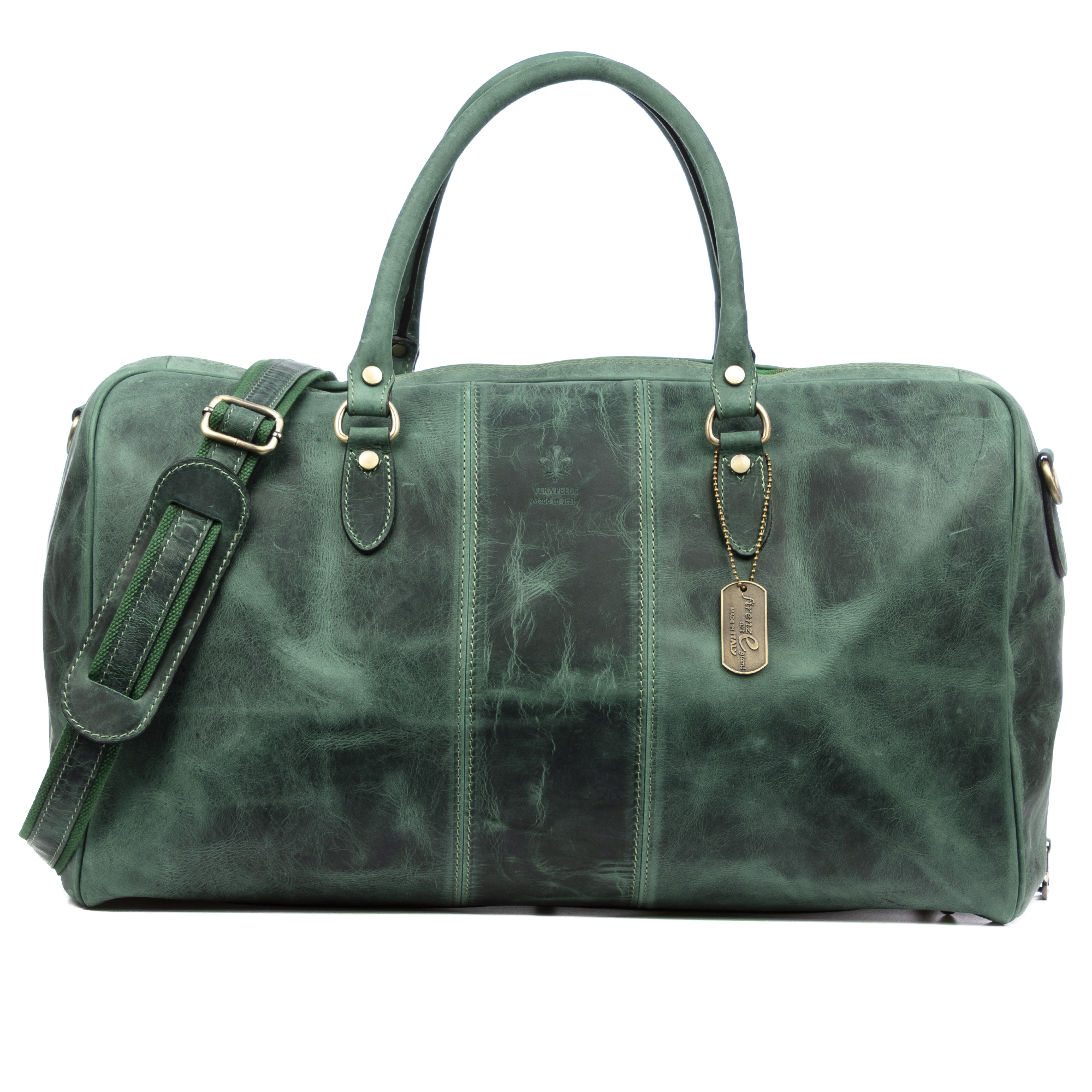 Un bolso de lona de cuero verde oscuro con asas y correa.