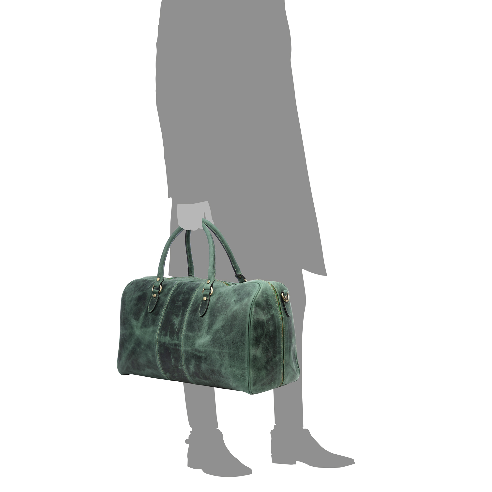 Un bolso de lona de cuero verde con asas y correa para el hombro lo sostiene una silueta.