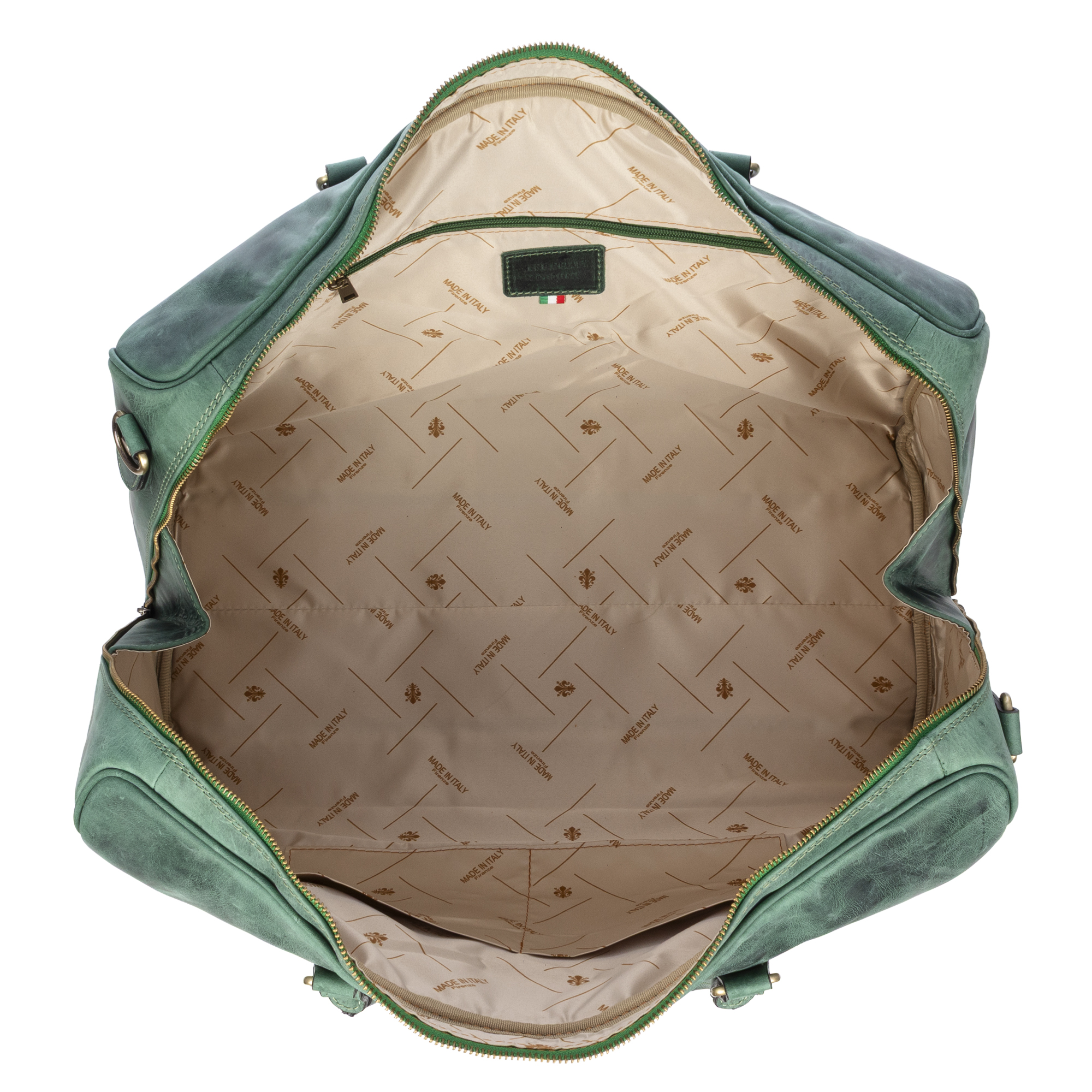 Bolso de lona de cuero verde, compartimento principal abierto, cremalleras doradas, interior con.