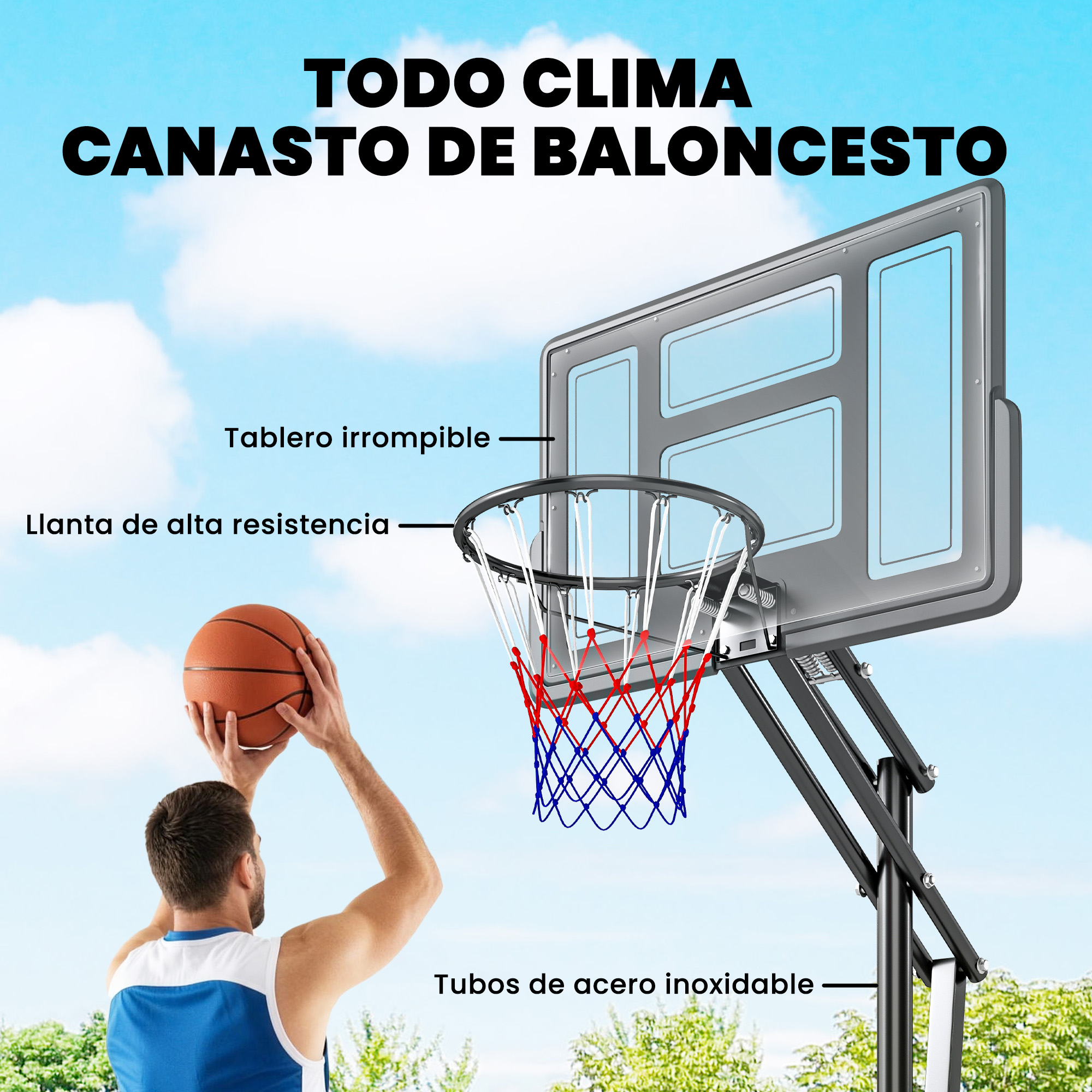 Un hombre lanza una canasta de baloncesto bajo un cielo azul con nubes.