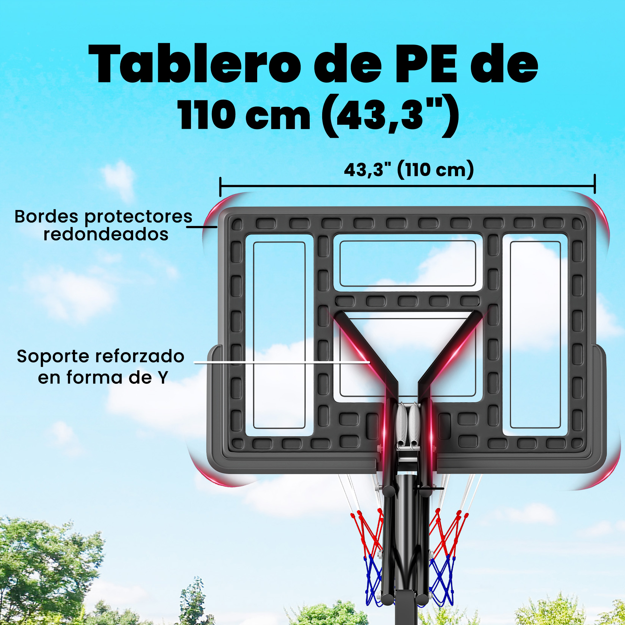 Un tablero de baloncesto de PE de 110 cm con soporte en Y y borde rojo.
