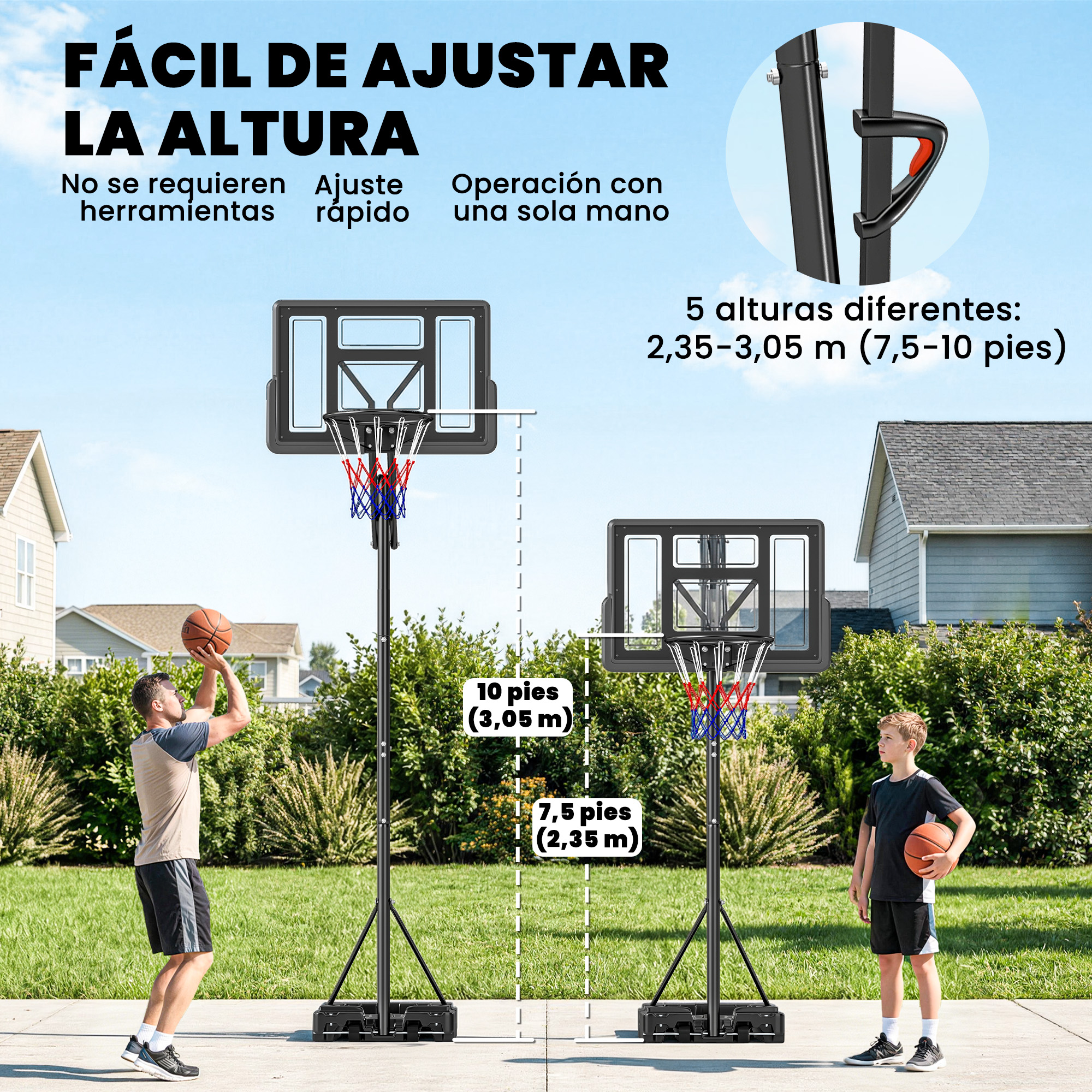 Un hombre lanza un balón, un niño espera. Dos canastas ajustables están en un patio.