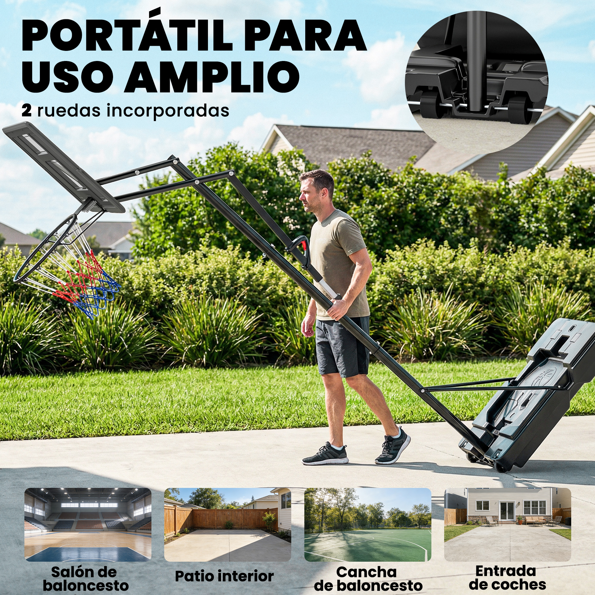 Un hombre empuja un aro de baloncesto portátil con ruedas al aire libre.