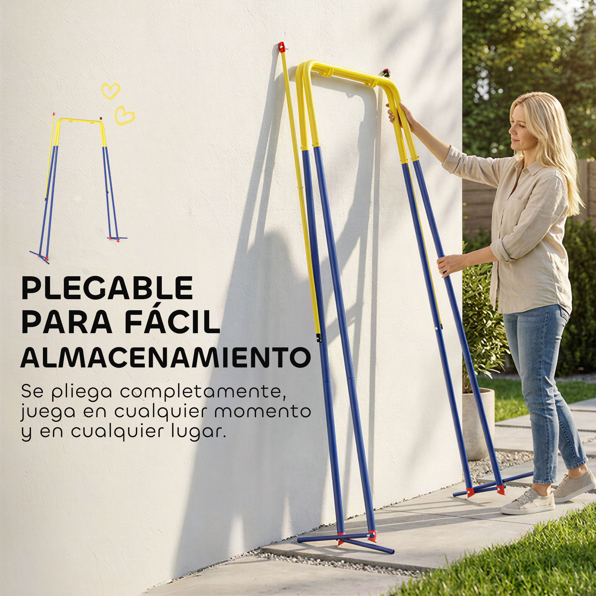 Una mujer guarda una estructura de juego amarilla y azul contra una pared blanca.