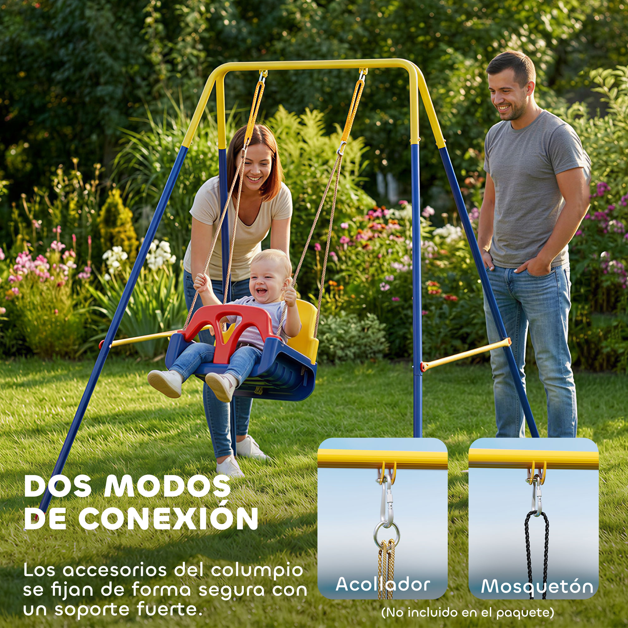 Familia en jardín con columpio amarillo y azul. Se muestran dos opciones de conexión.