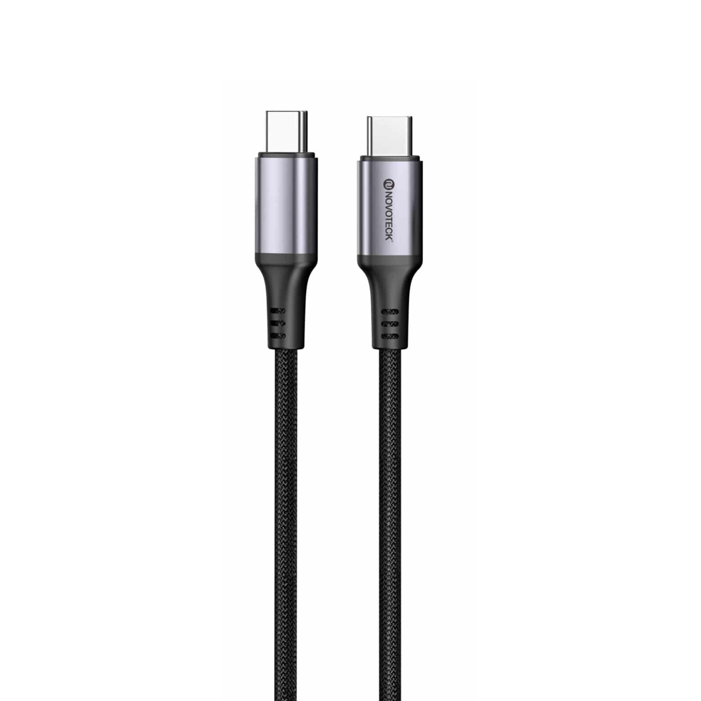 Dos cables USB-C trenzados negros con conectores plateados lado a lado.