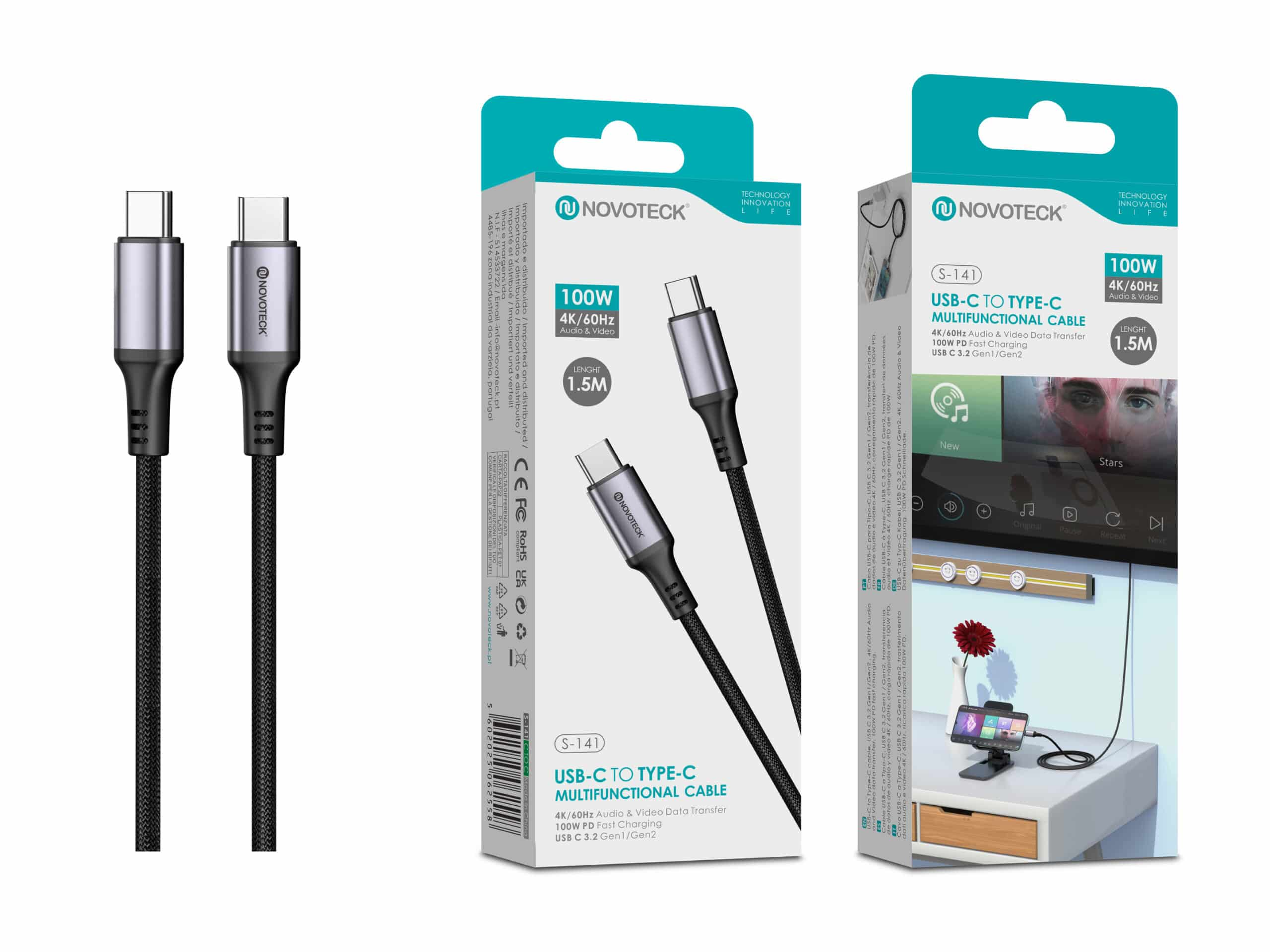 Cable Novoteck USB-C a Tipo-C, 1,5m, 100W, 4K/60Hz, transferencia datos y carga.