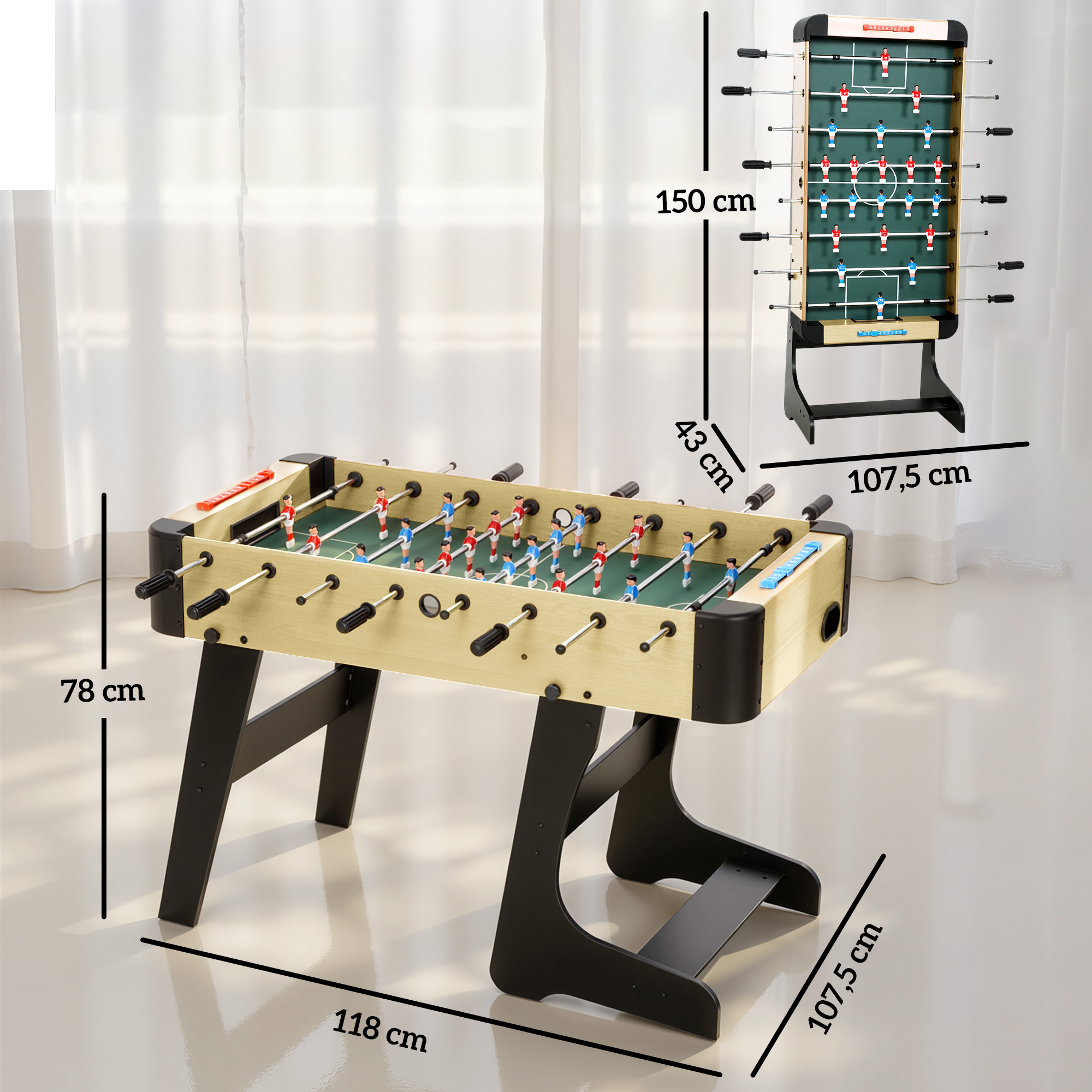 Una mesa de futbolín de madera con patas negras, se indican las dimensiones.